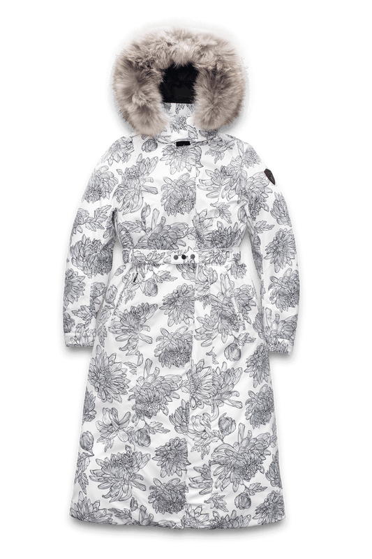 Celest Ladies Duster Parka in knee length, Canadian duck down insulation, removable hood and coyote fur trim, with adjustable belt, in White Floral + White Floral