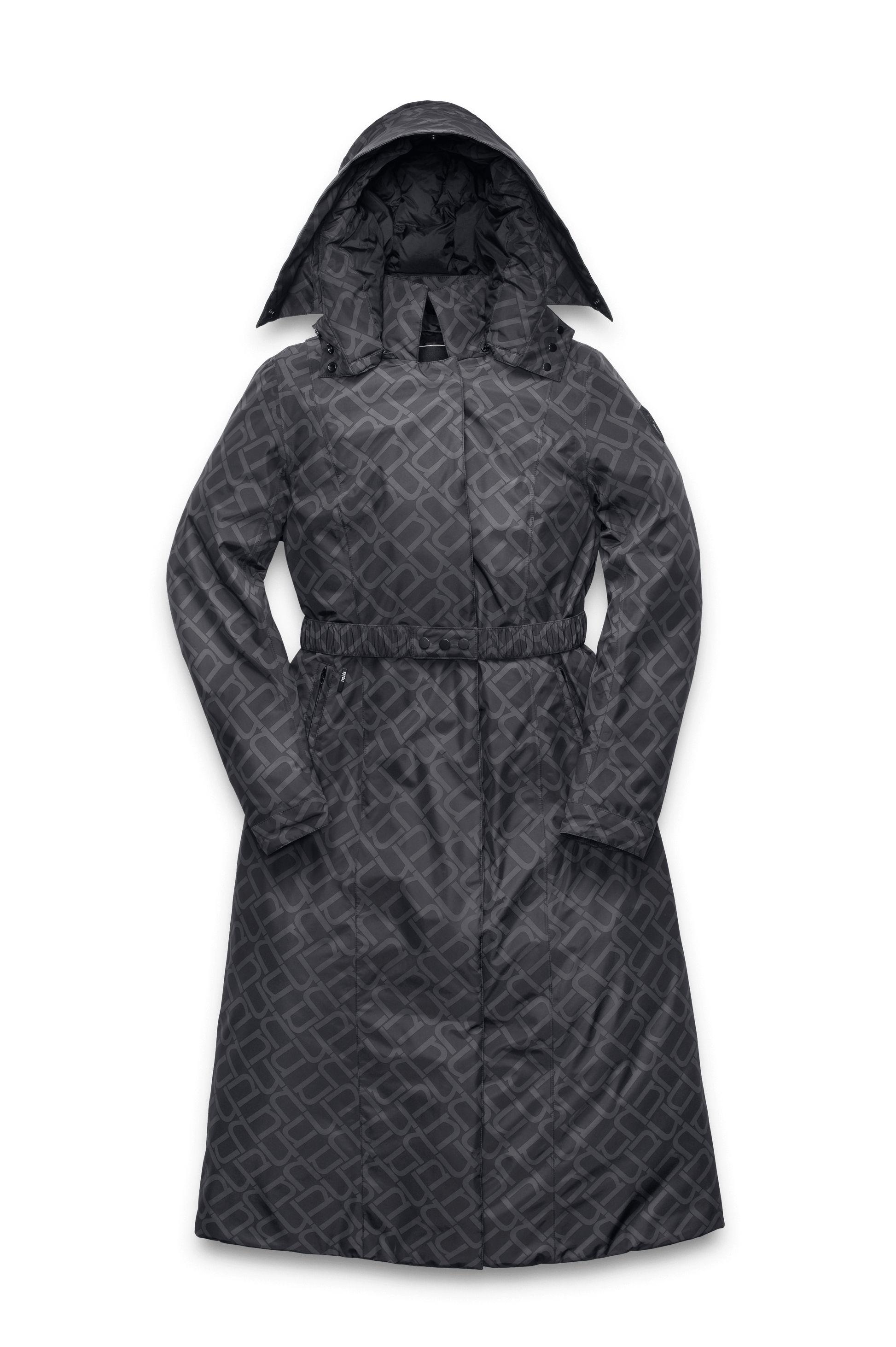 Celest Ladies Duster Parka in knee length, Canadian duck down insulation, removable hood and coyote fur trim, with adjustable belt, in Dark Monogram