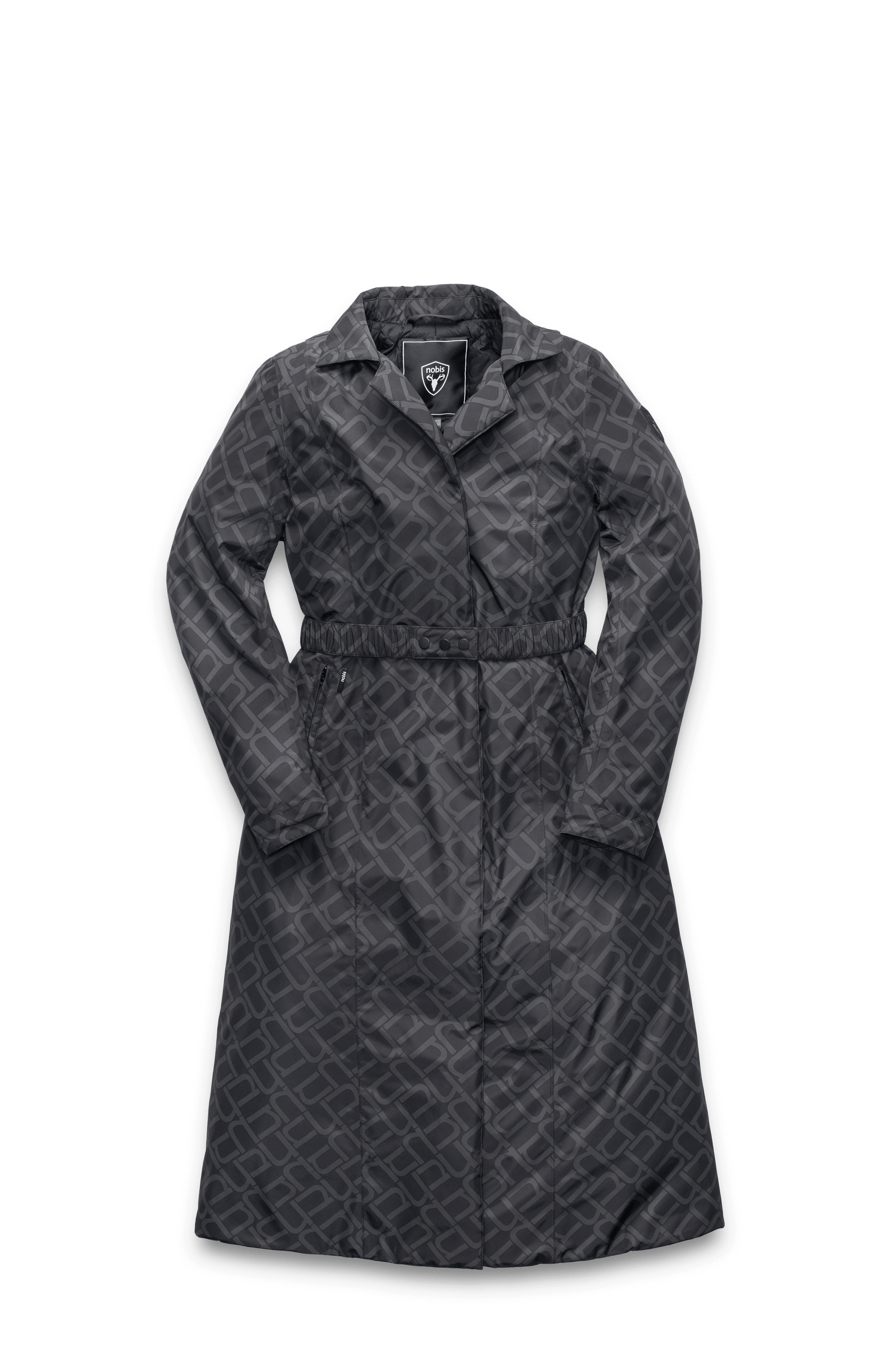 Celest Ladies Duster Parka in knee length, Canadian duck down insulation, removable hood and coyote fur trim, with adjustable belt, in Dark Monogram