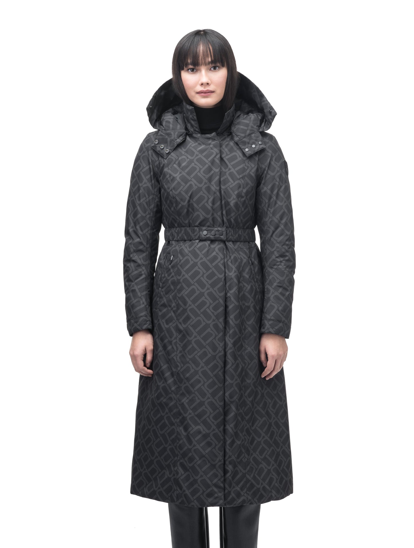 Celest Ladies Duster Parka in knee length, Canadian duck down insulation, removable hood and coyote fur trim, with adjustable belt, in Dark Monogram