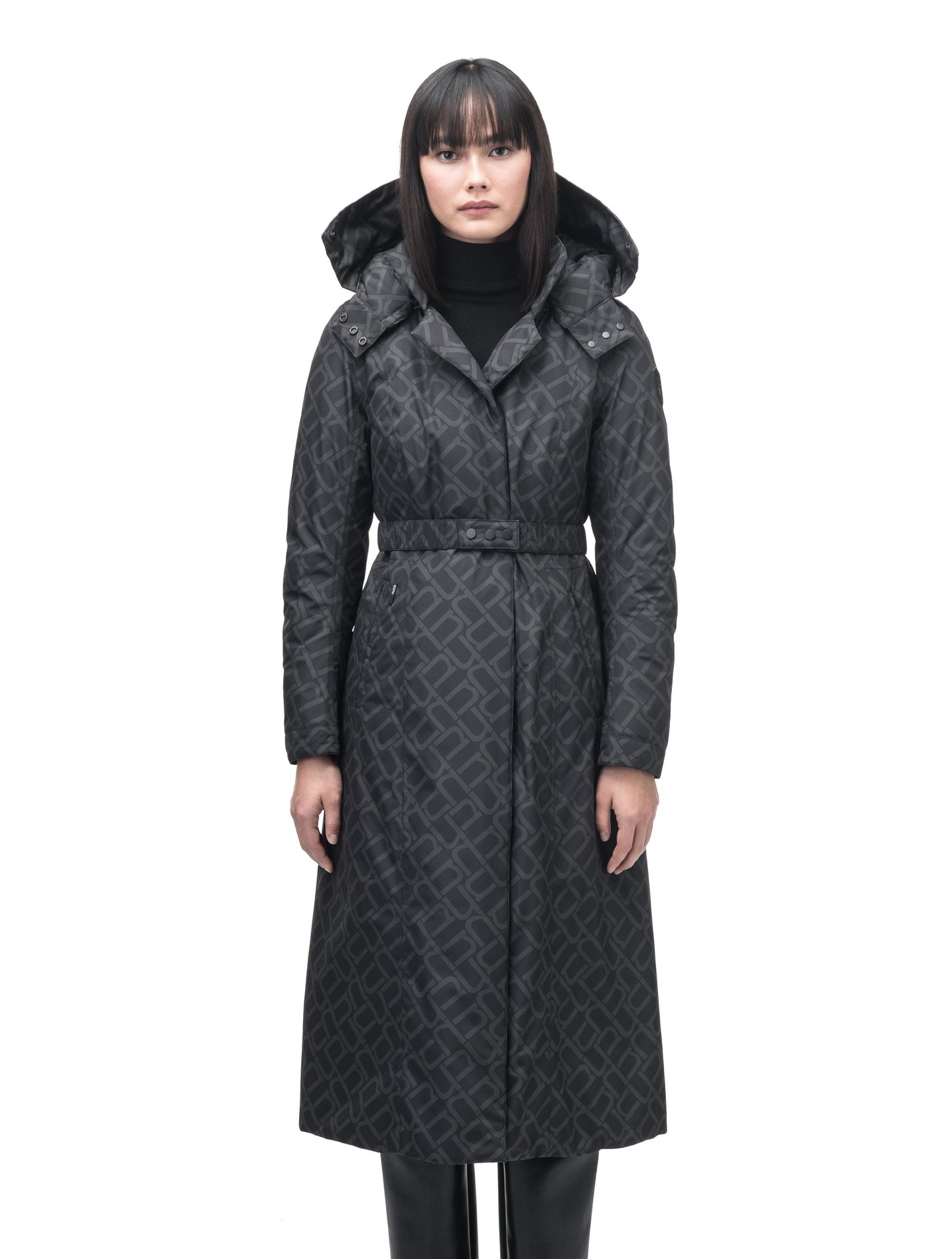 Celest Ladies Duster Parka in knee length, Canadian duck down insulation, removable hood and coyote fur trim, with adjustable belt, in Dark Monogram