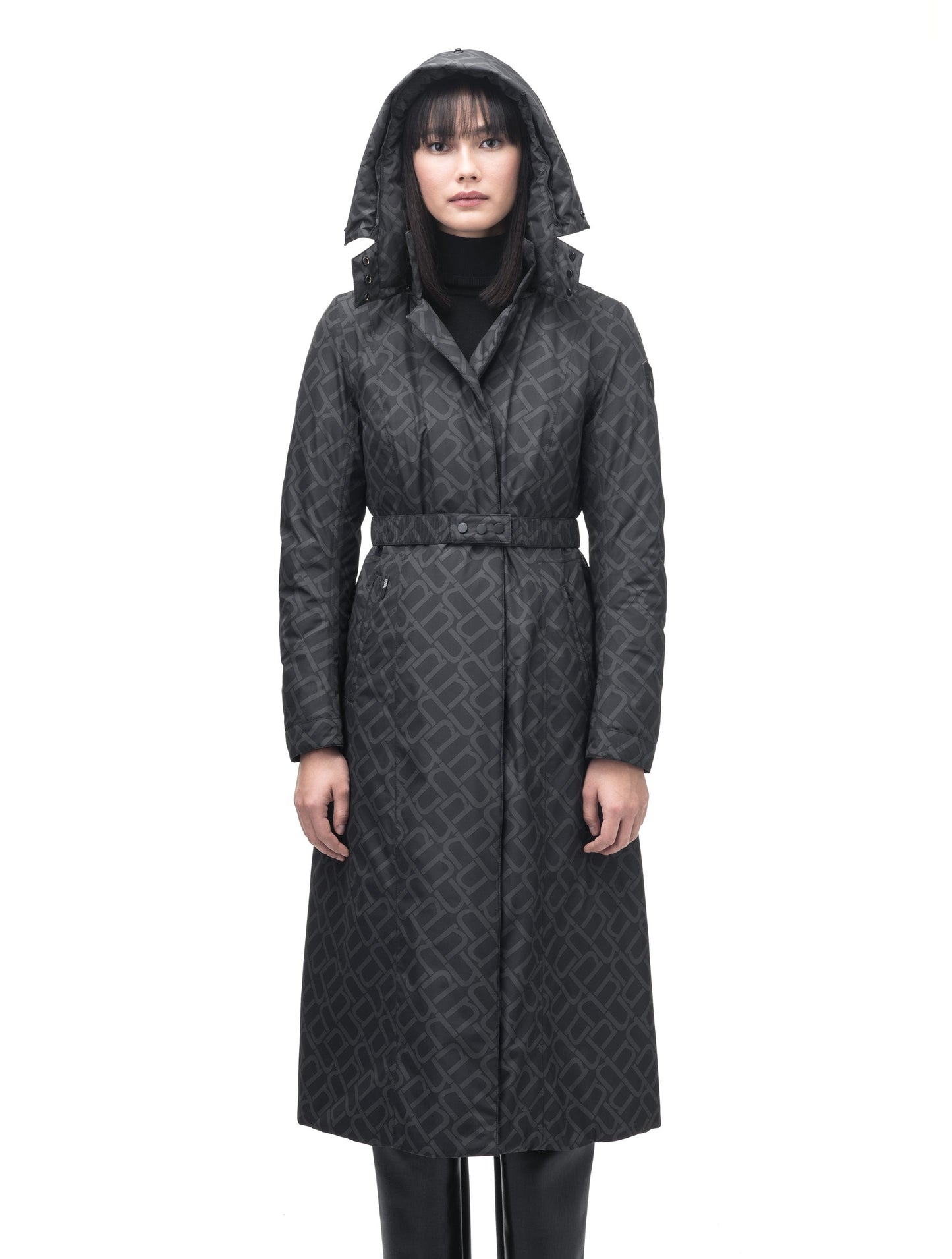 Celest Ladies Duster Parka in knee length, Canadian duck down insulation, removable hood and coyote fur trim, with adjustable belt, in Dark Monogram