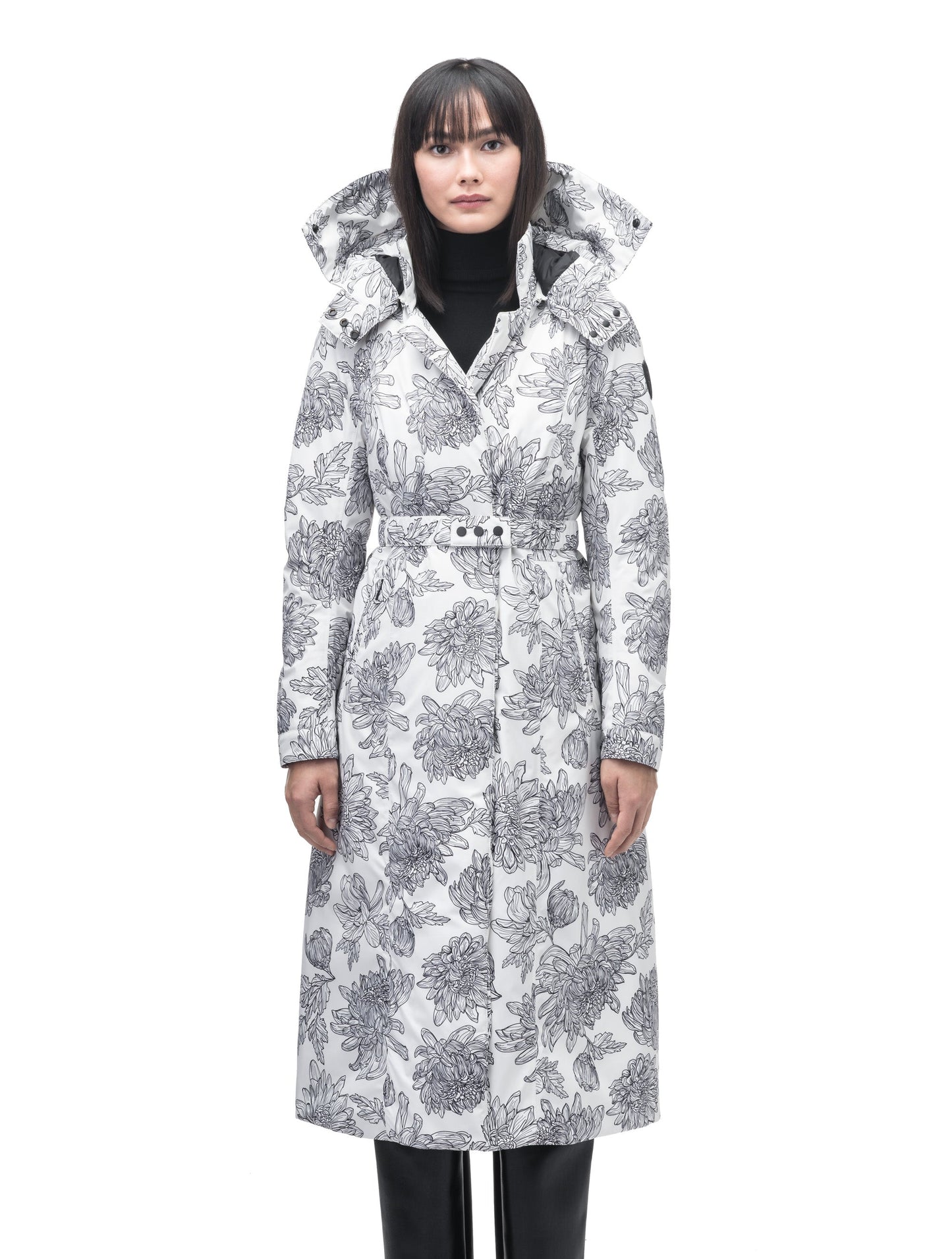 Celest Ladies Duster Parka in knee length, Canadian duck down insulation, removable hood and coyote fur trim, with adjustable belt, in White Floral