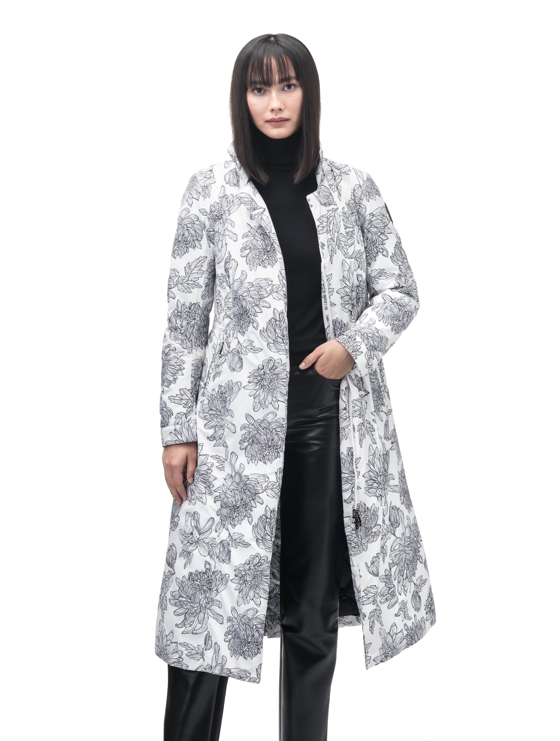 Celest Ladies Duster Parka in knee length, Canadian duck down insulation, removable hood and coyote fur trim, with adjustable belt, in White Floral