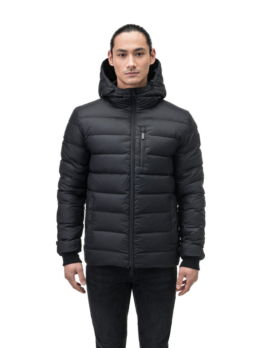 Chris Men's Mid Weight Reversible Puffer Jacket in hip length, Canadian duck down insulation, non-removable adjustable hood, ribbed cuffs, and quilted body on reversible side, in Black