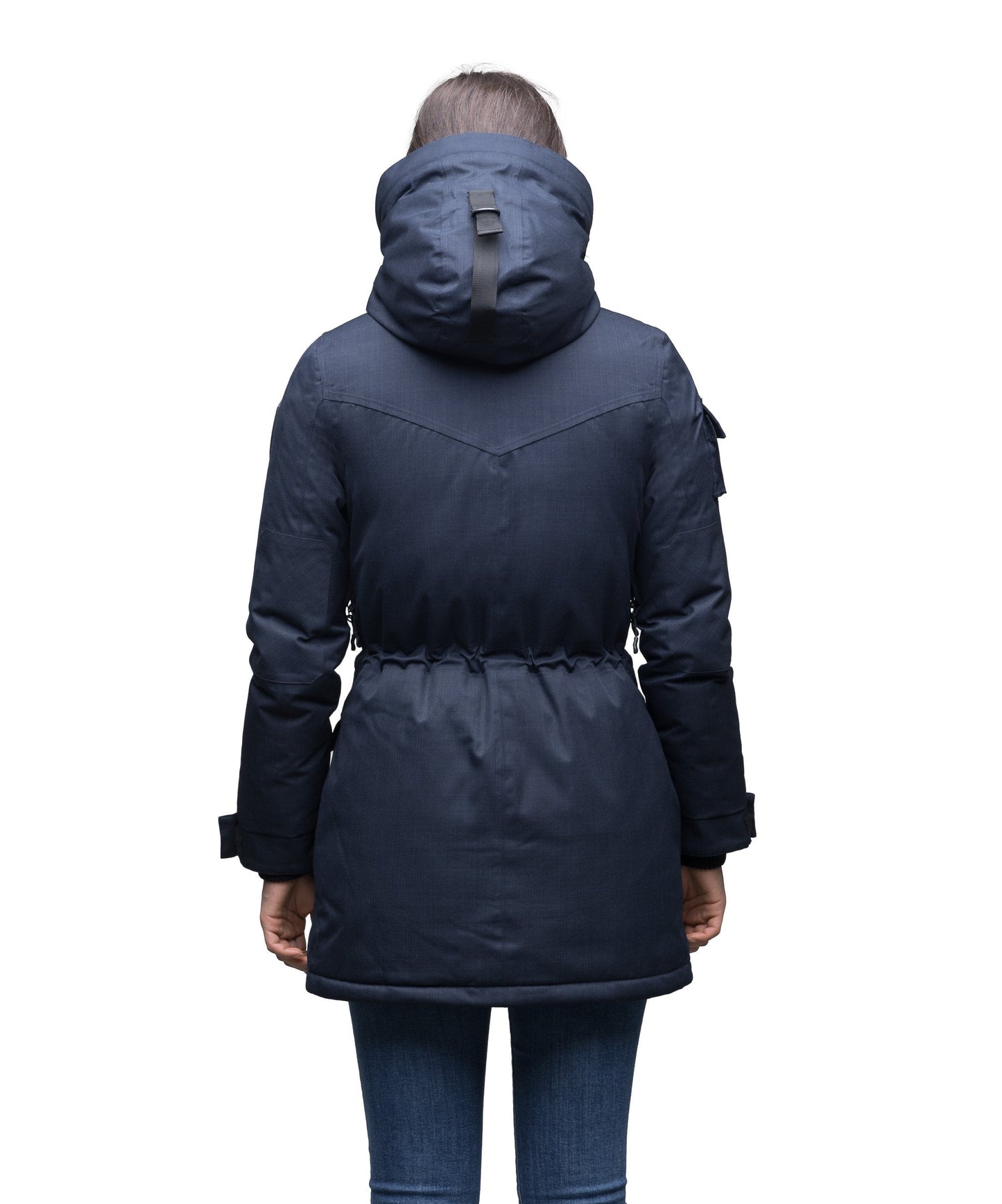 Women's down filled thigh length parka with four pleated patch pockets and an adjustable waist in CH Navy