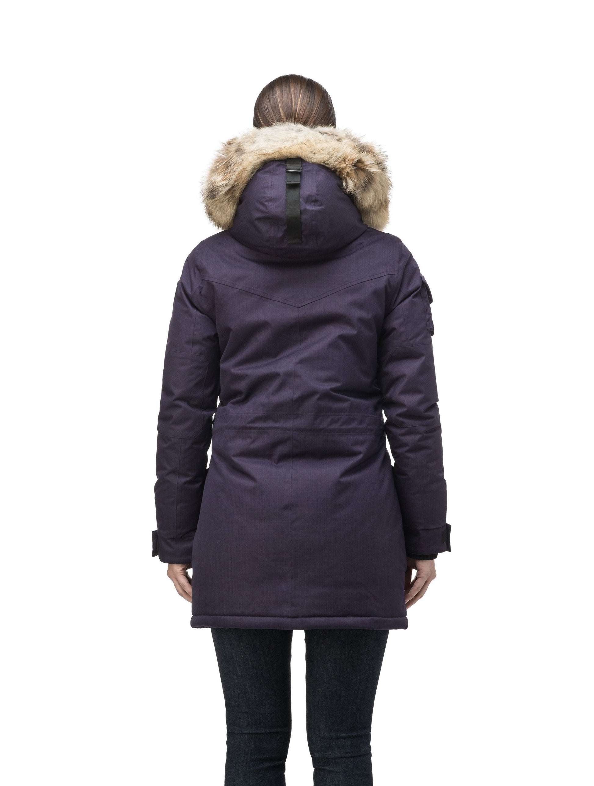 Women's down filled thigh length parka with four pleated patch pockets and an adjustable waist in CH Purple