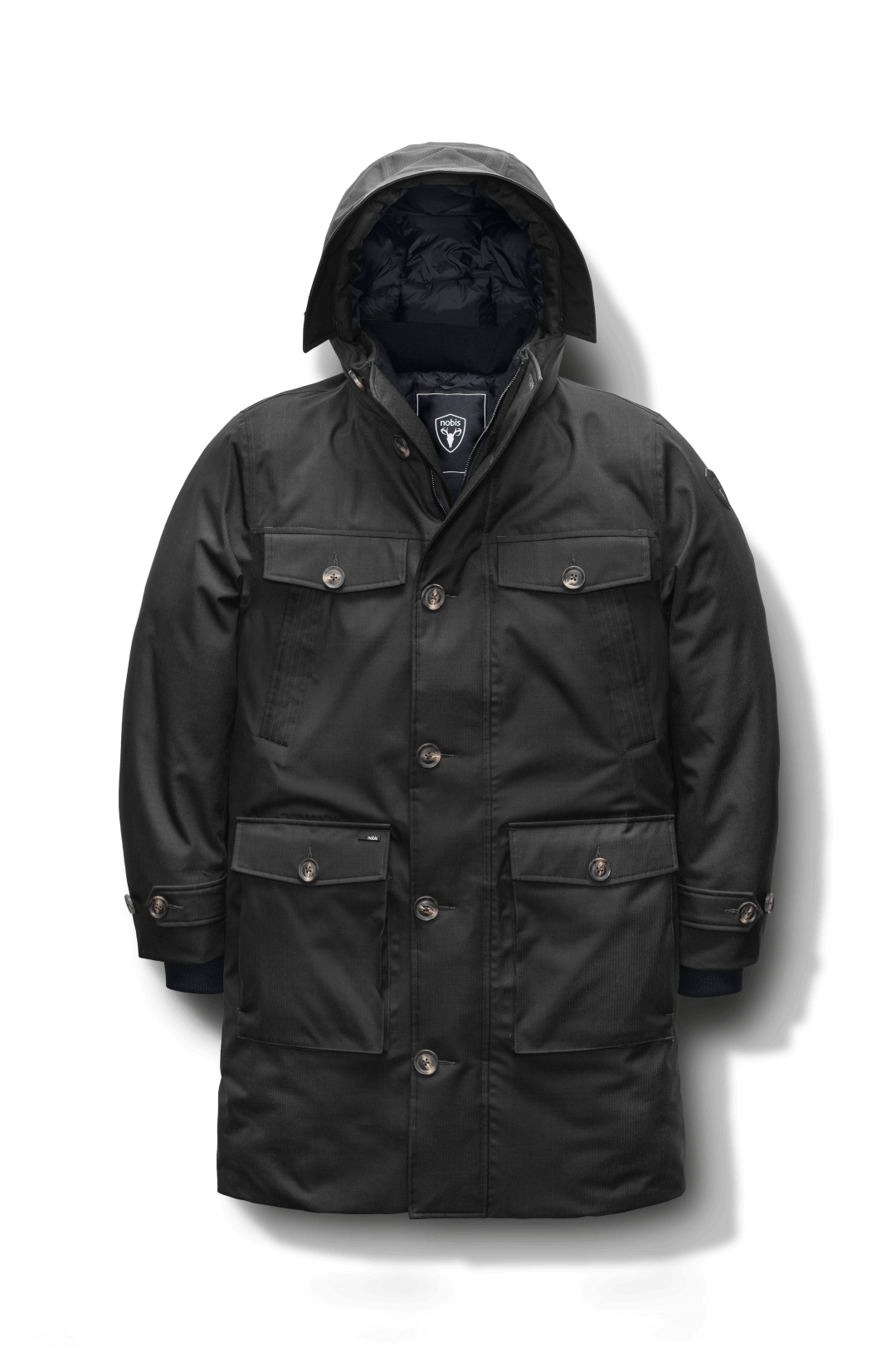 Citizen Men's Tailored Parka in knee length, Canadian duck down insulation, non-removable hood, and two-way zipper, in Black