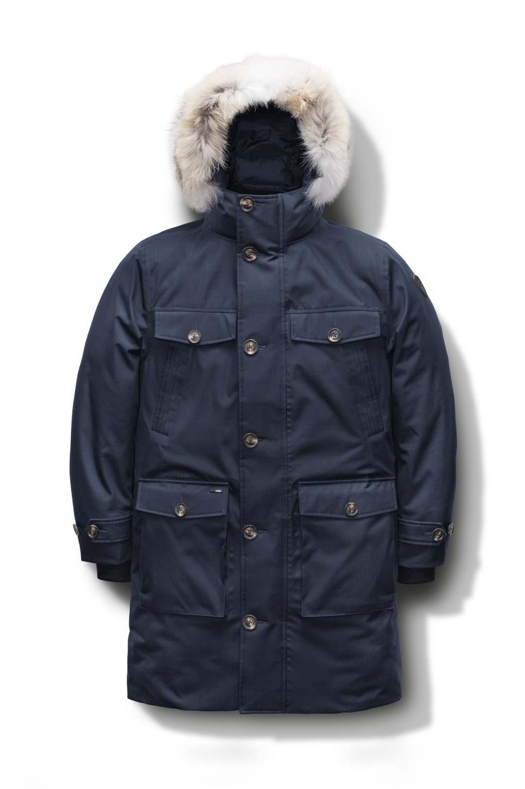 Citizen Men's Tailored Parka in knee length, Canadian duck down insulation, non-removable hood, and two-way zipper, in Navy