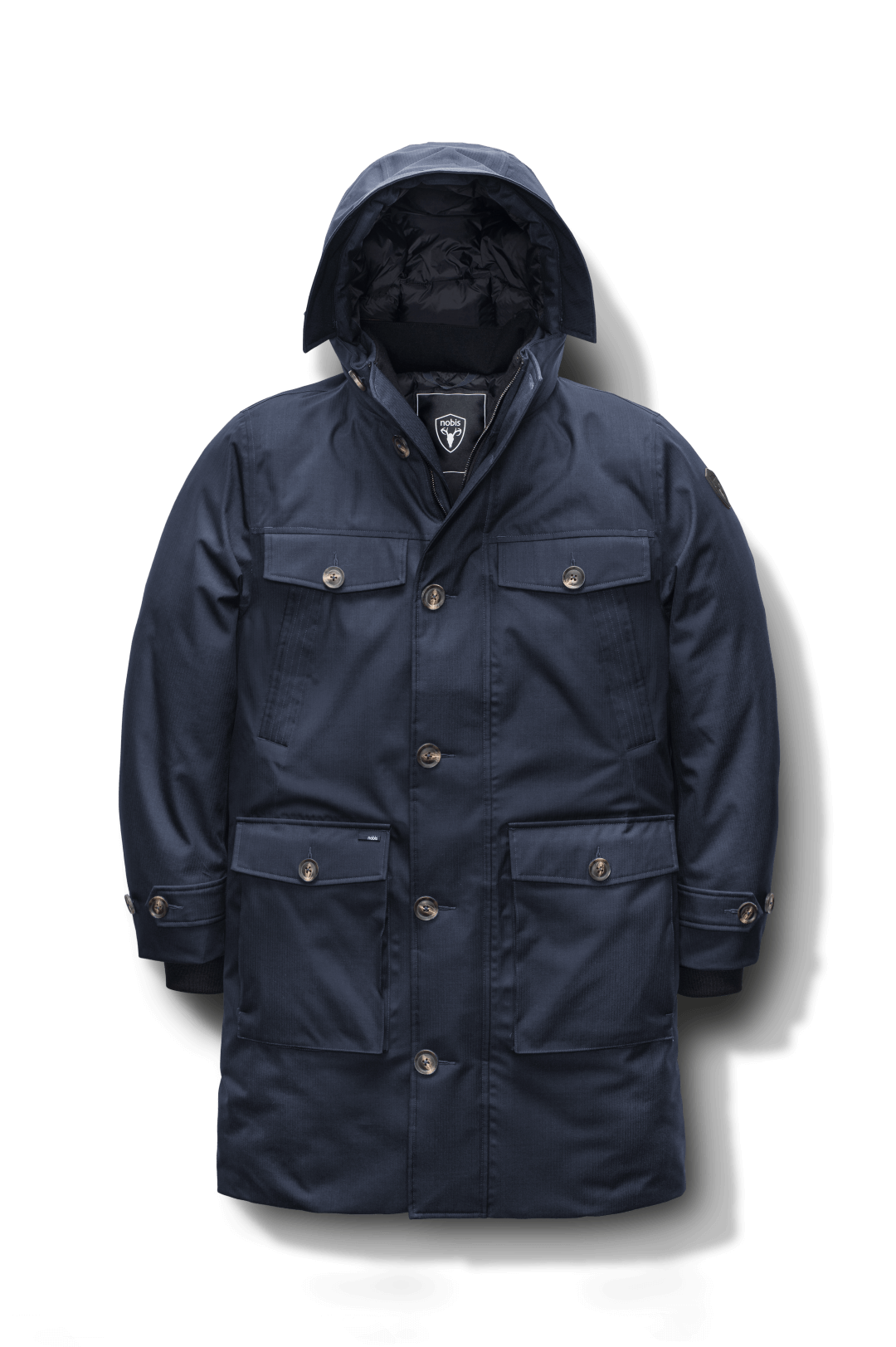 Citizen Men's Tailored Parka in knee length, Canadian duck down insulation, non-removable hood, and two-way zipper, in Navy