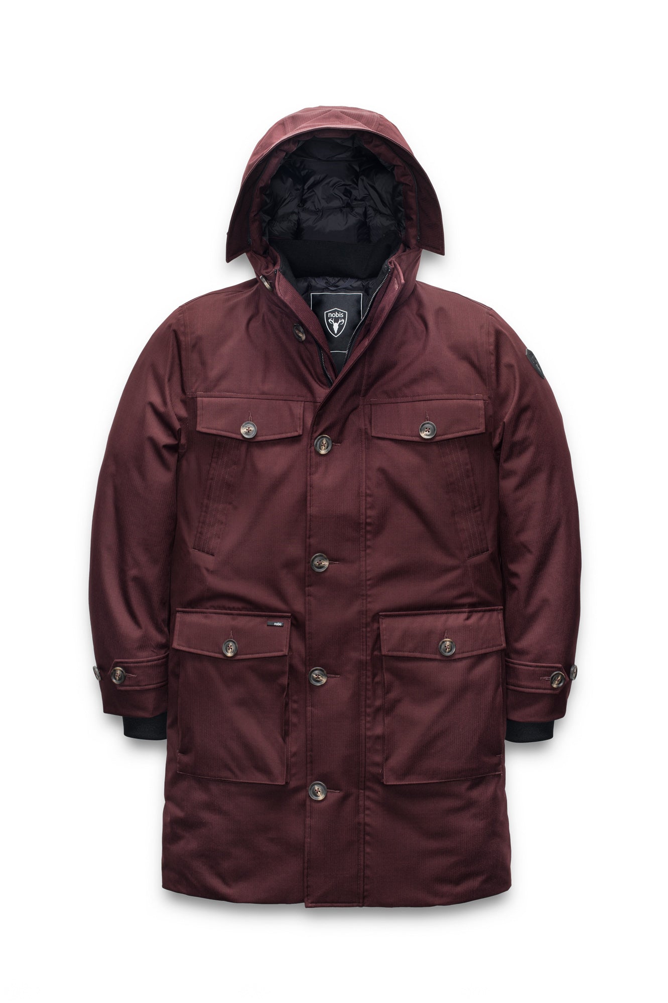 Citizen Men's Tailored Parka in knee length, Canadian duck down insulation, non-removable hood, and two-way zipper, in Merlot