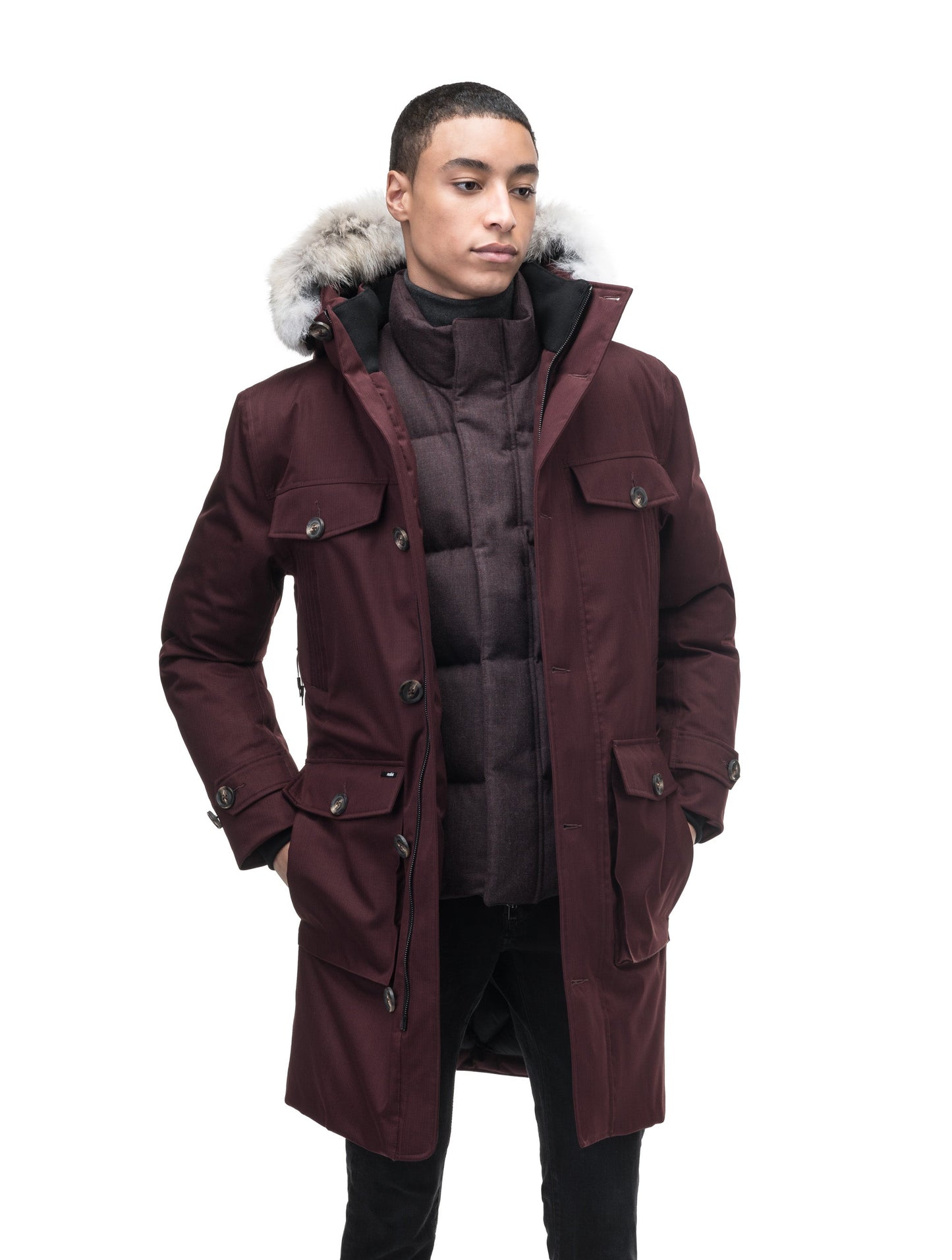 Citizen Men's Tailored Parka in knee length, Canadian duck down insulation, non-removable hood, and two-way zipper, in Merlot