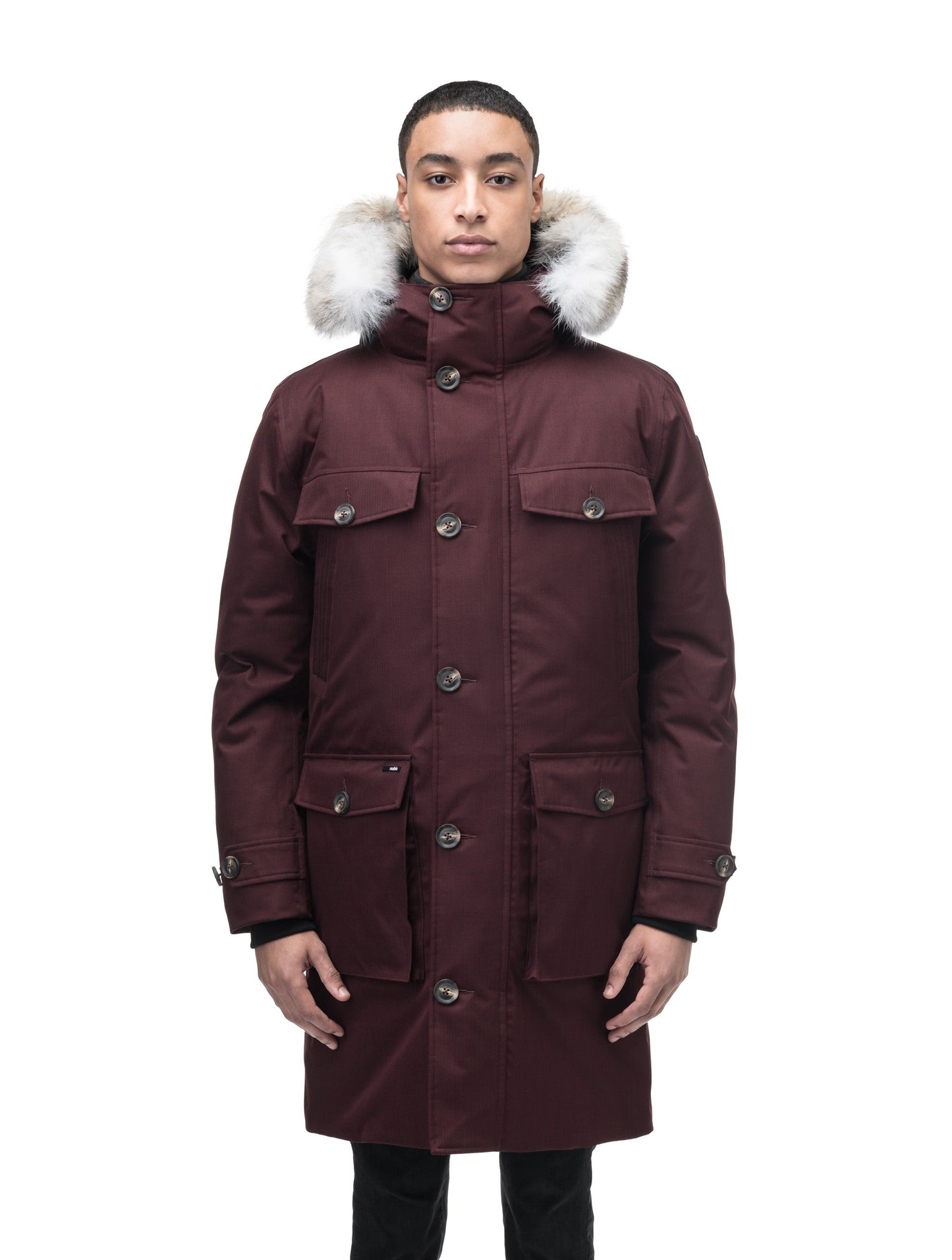 Citizen Men's Tailored Parka in knee length, Canadian duck down insulation, non-removable hood, and two-way zipper, in Merlot