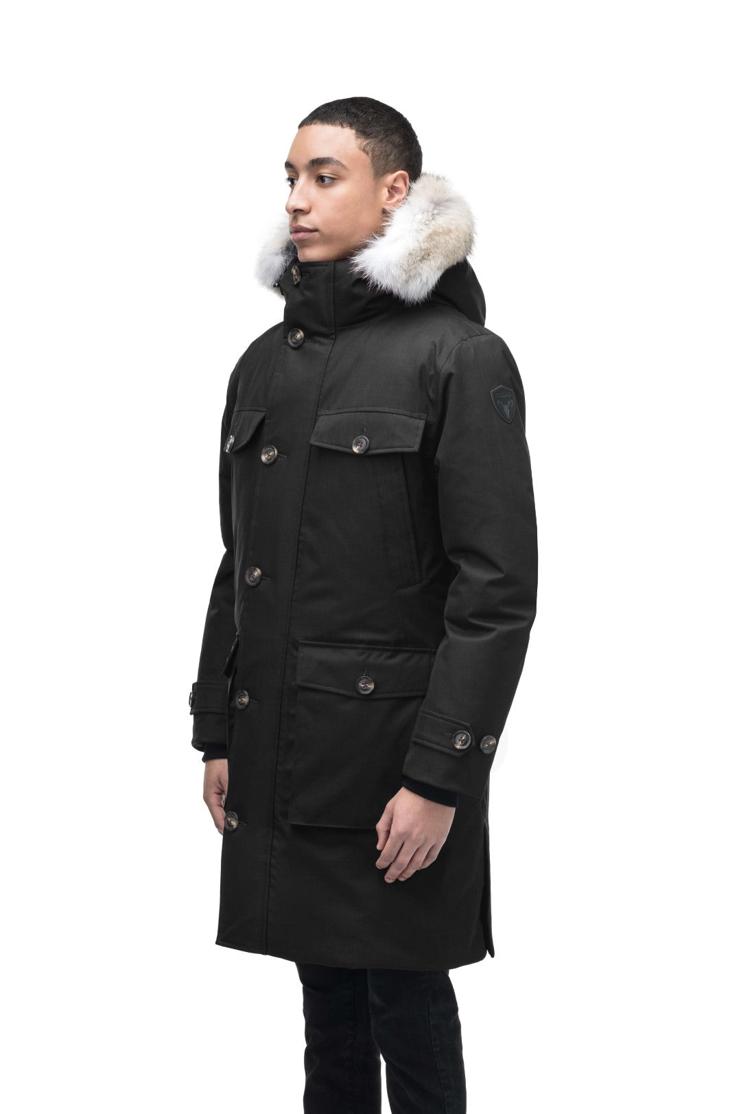 Citizen Men's Tailored Parka in knee length, Canadian duck down insulation, non-removable hood, and two-way zipper, in Black