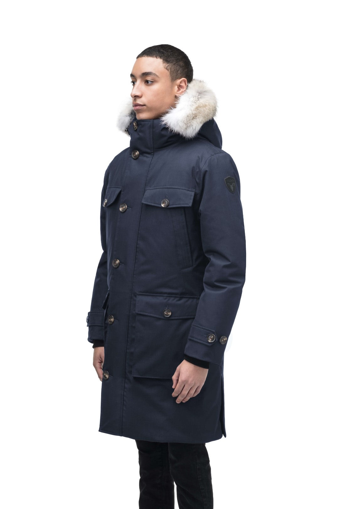 Citizen Men's Tailored Parka in knee length, Canadian duck down insulation, non-removable hood, and two-way zipper, in Navy