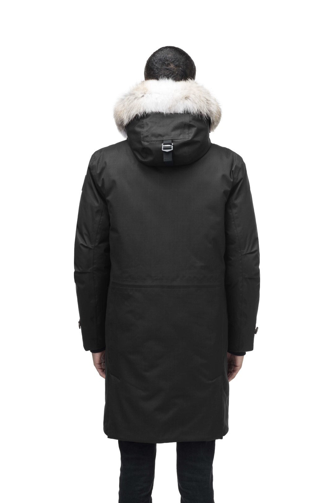 Citizen Men's Tailored Parka in knee length, Canadian duck down insulation, non-removable hood, and two-way zipper, in Black