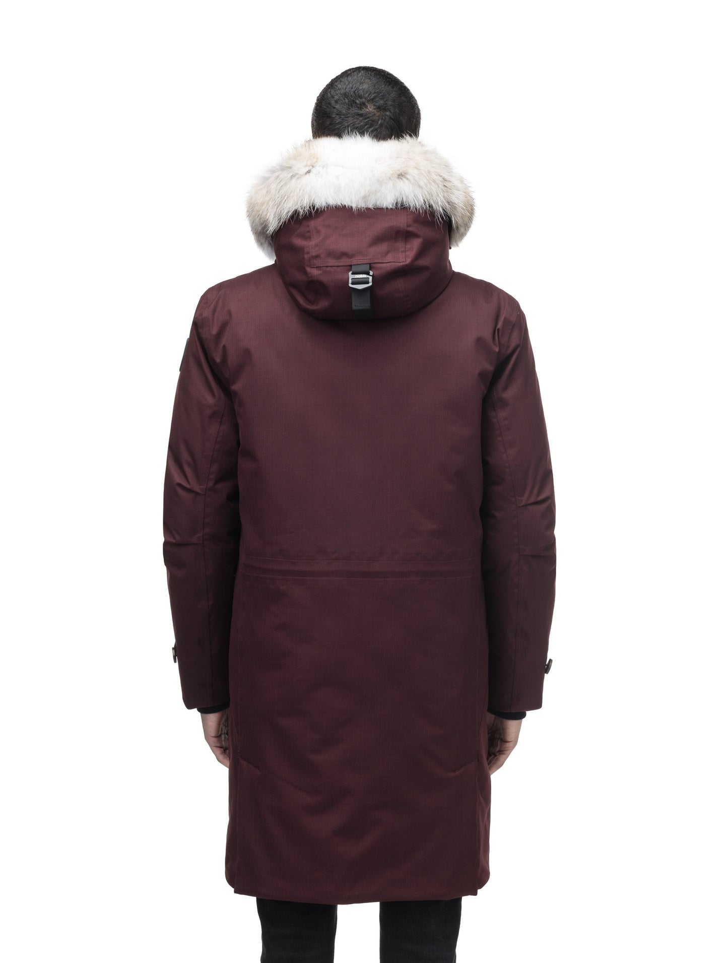 Citizen Men's Tailored Parka in knee length, Canadian duck down insulation, non-removable hood, and two-way zipper, in Merlot