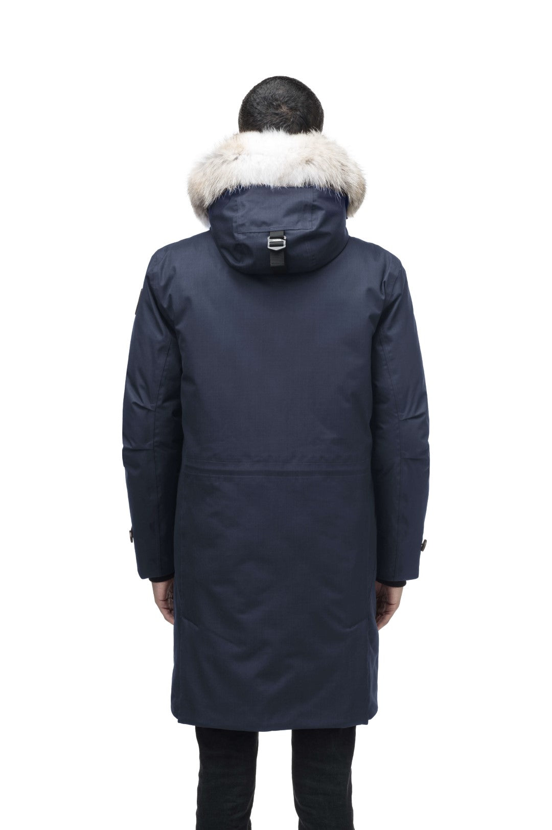 Citizen Men's Tailored Parka in knee length, Canadian duck down insulation, non-removable hood, and two-way zipper, in Navy