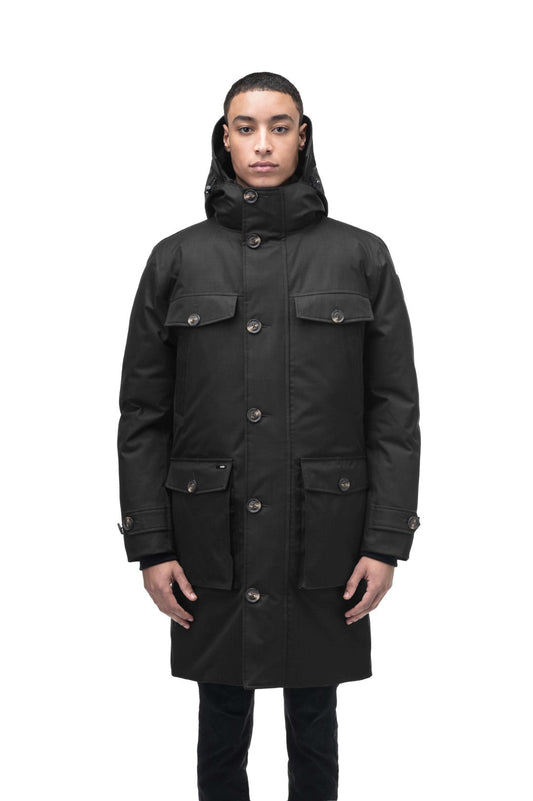 Citizen Men's Tailored Parka in knee length, Canadian duck down insulation, non-removable hood, and two-way zipper, in Black + Black