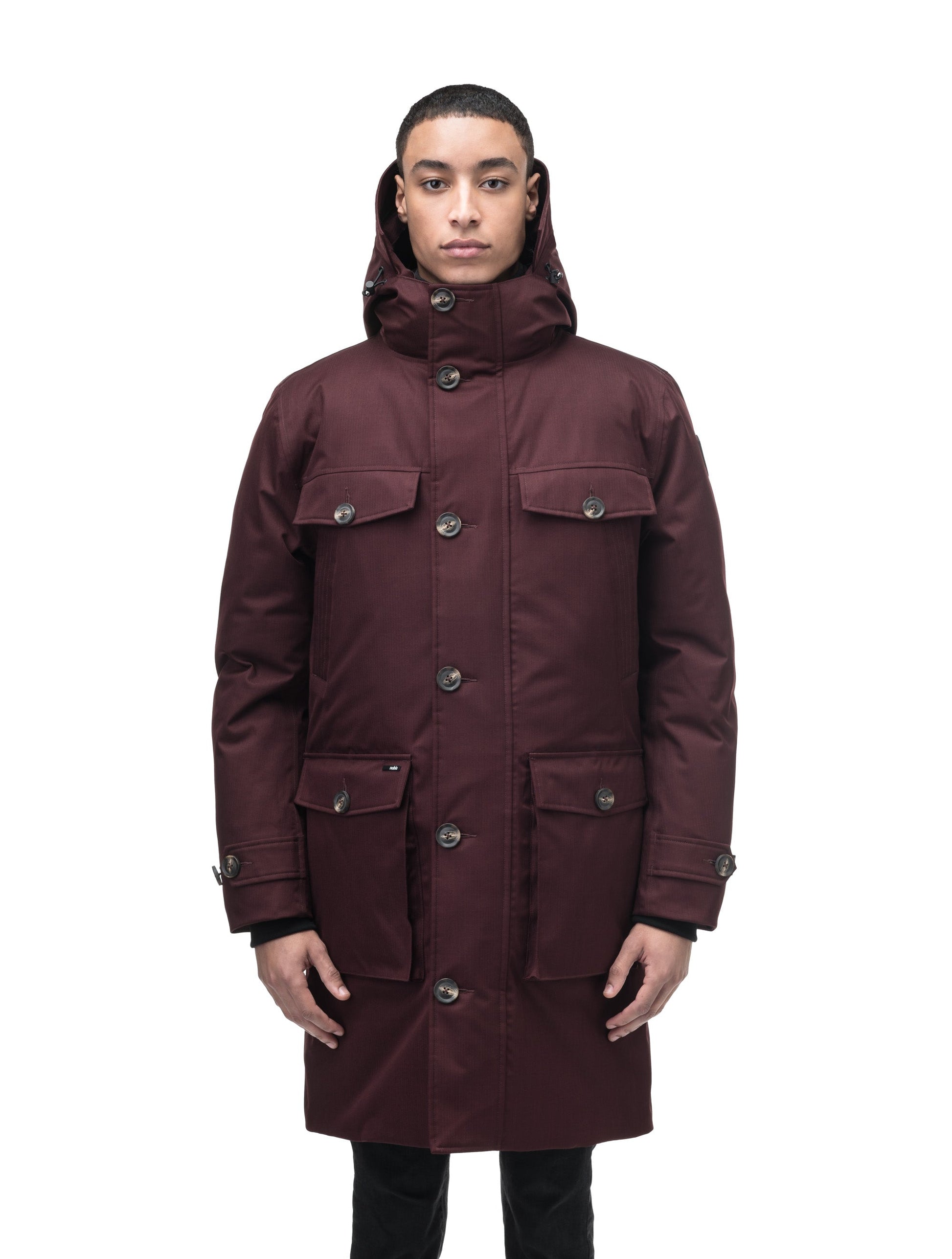 Citizen Men's Tailored Parka in knee length, Canadian duck down insulation, non-removable hood, and two-way zipper, in Merlot