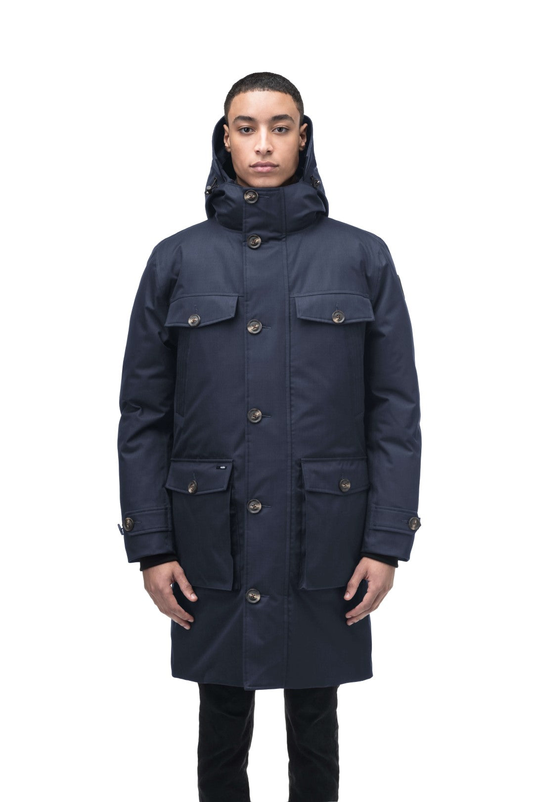 Citizen Men's Tailored Parka in knee length, Canadian duck down insulation, non-removable hood, and two-way zipper, in Navy