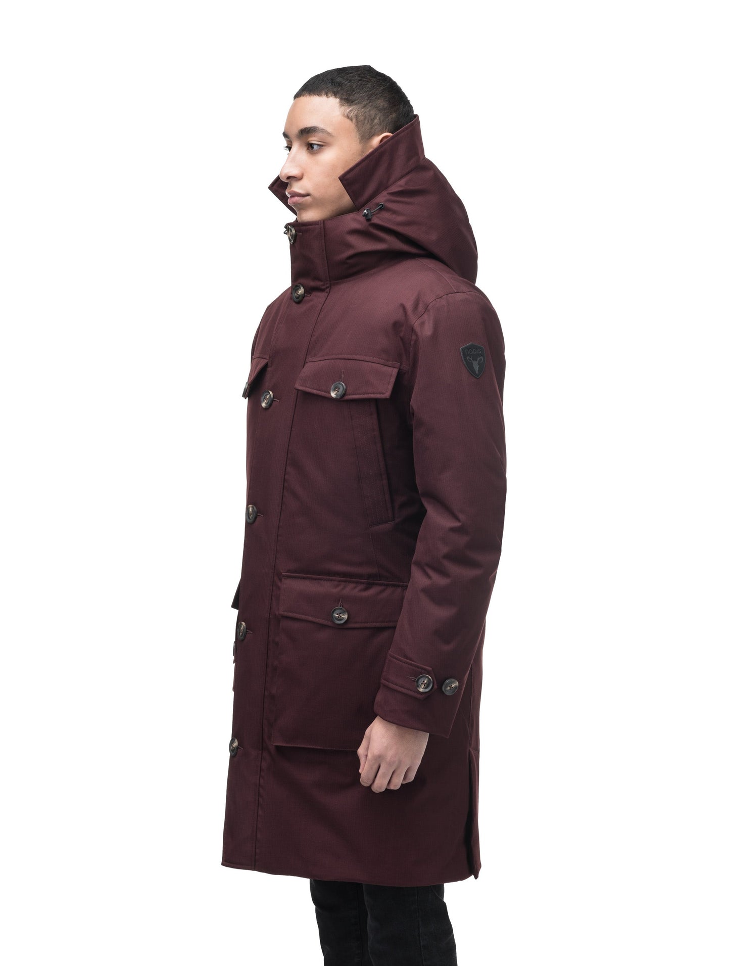 Citizen Men's Tailored Parka in knee length, Canadian duck down insulation, non-removable hood, and two-way zipper, in Merlot