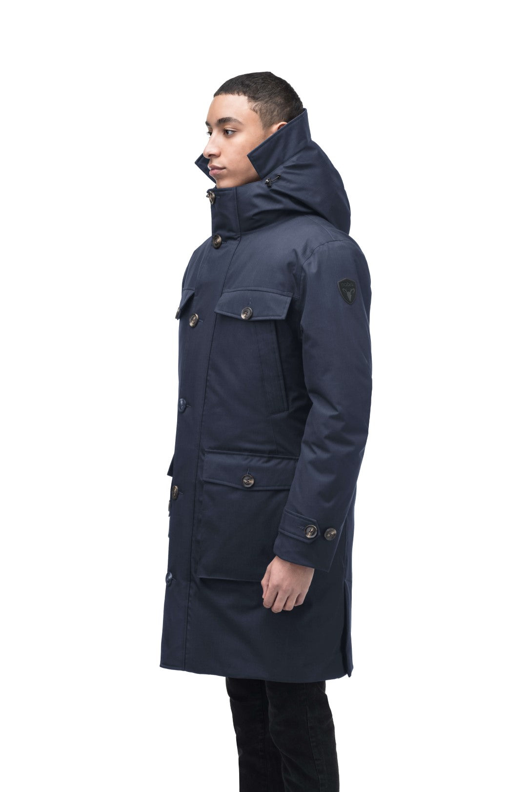 Citizen Men's Tailored Parka in knee length, Canadian duck down insulation, non-removable hood, and two-way zipper, in Navy