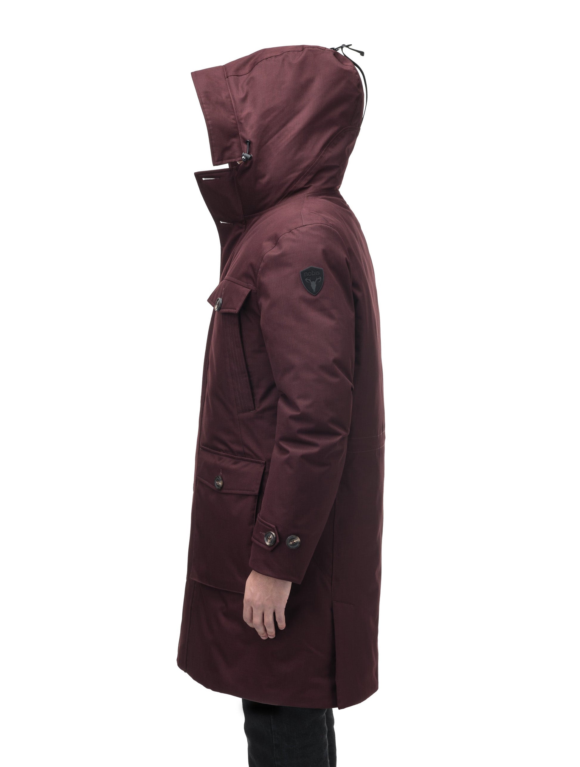 Citizen Men's Tailored Parka in knee length, Canadian duck down insulation, non-removable hood, and two-way zipper, in Merlot