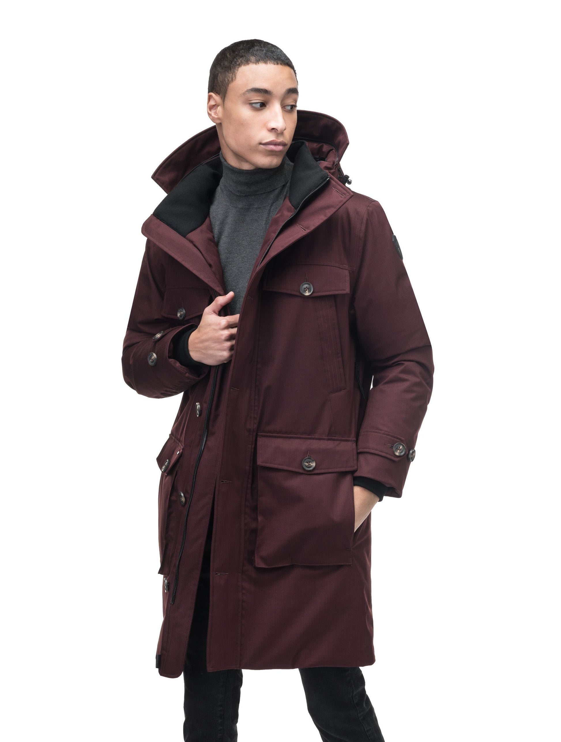 Citizen Men's Tailored Parka in knee length, Canadian duck down insulation, non-removable hood, and two-way zipper, in Merlot