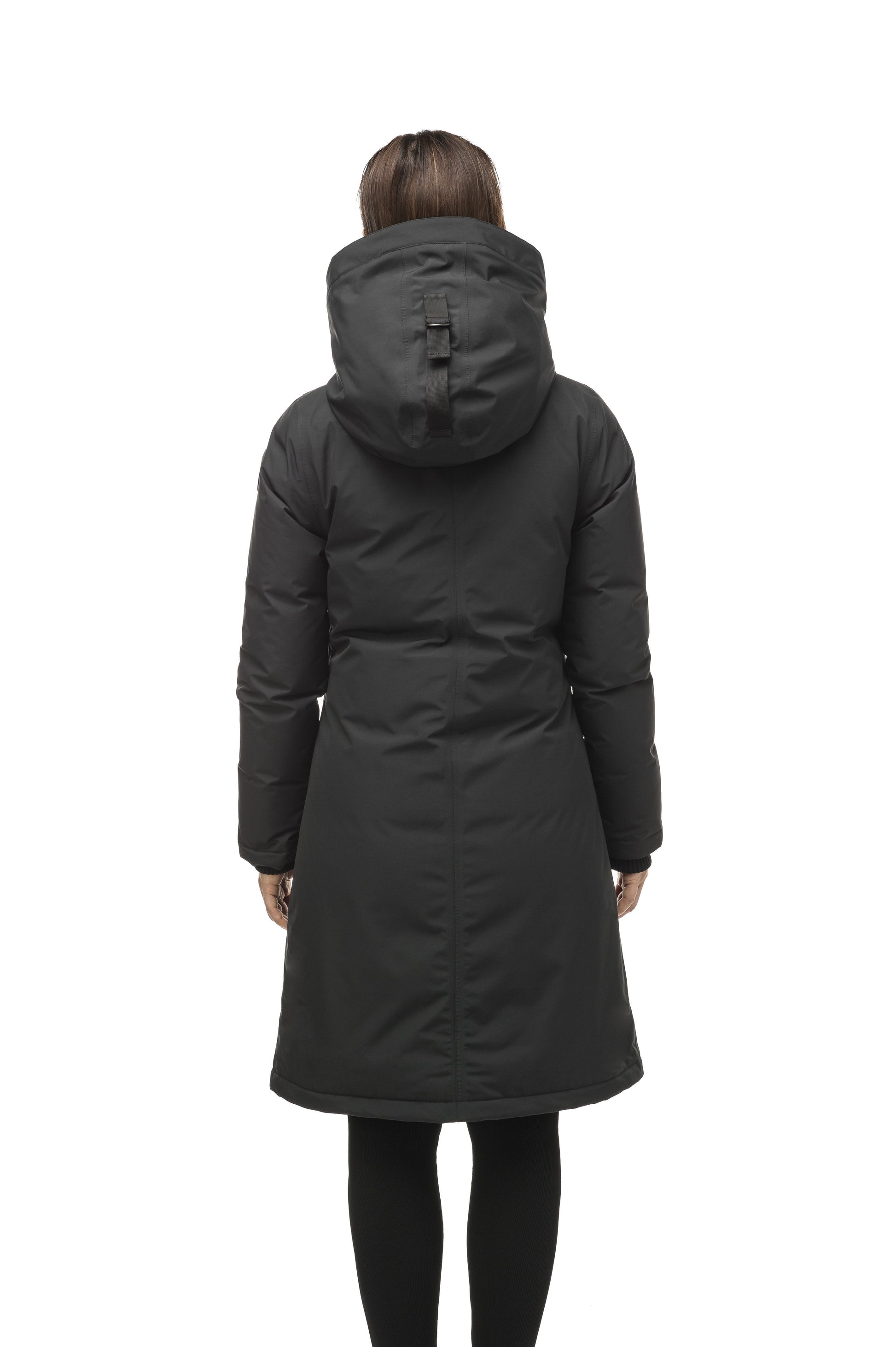 Minimalist down filled women's parka with fur free attached hood in Black