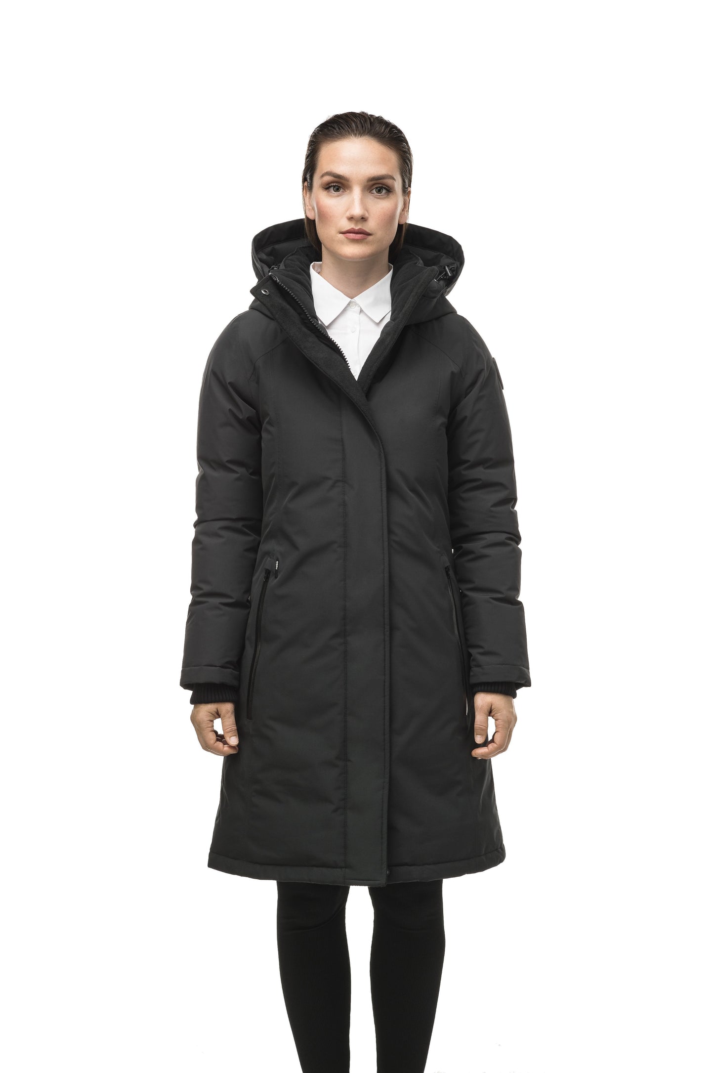 Minimalist down filled women's parka with fur free attached hood in Black