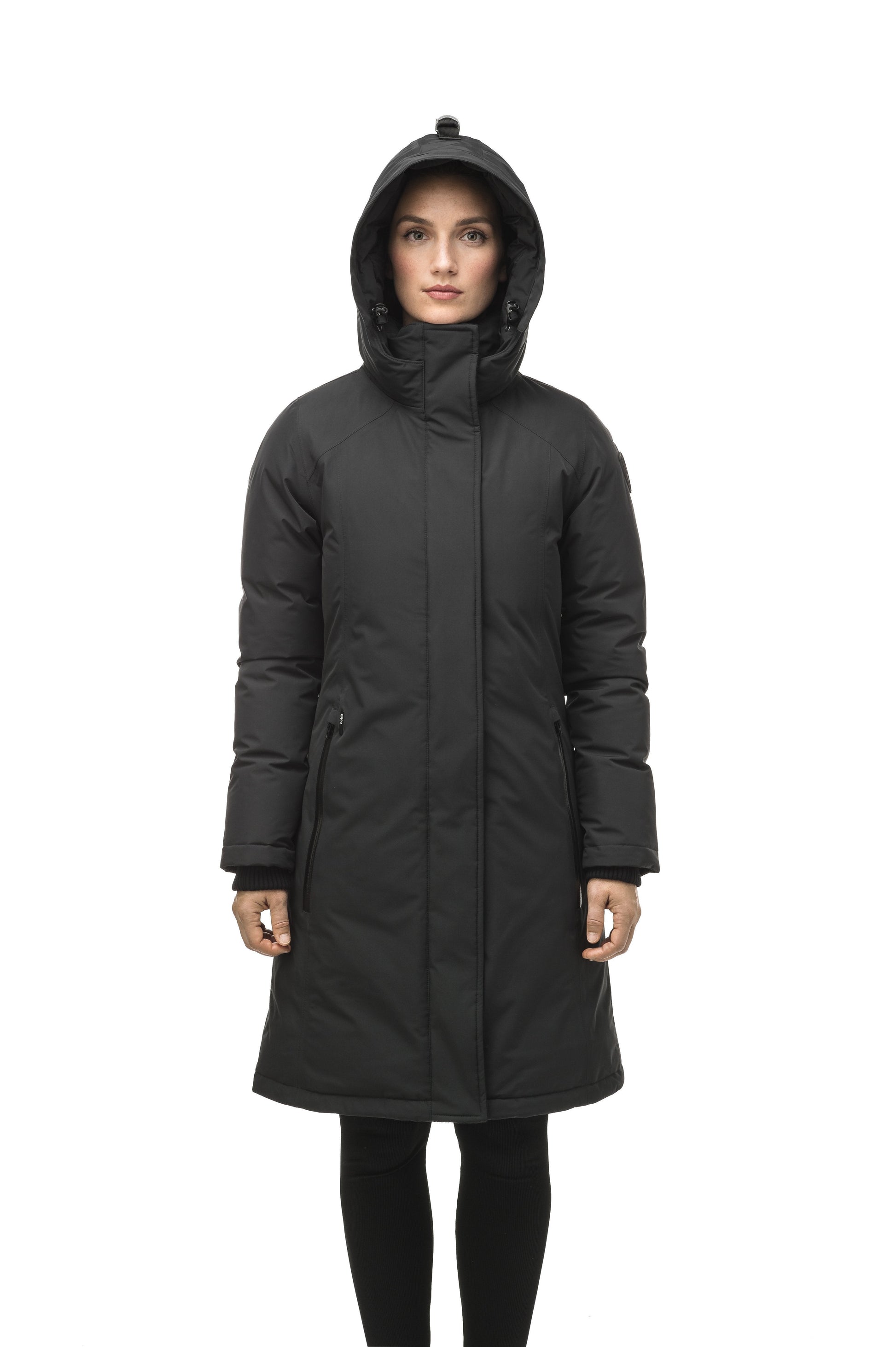 Minimalist down filled women's parka with fur free attached hood in Black