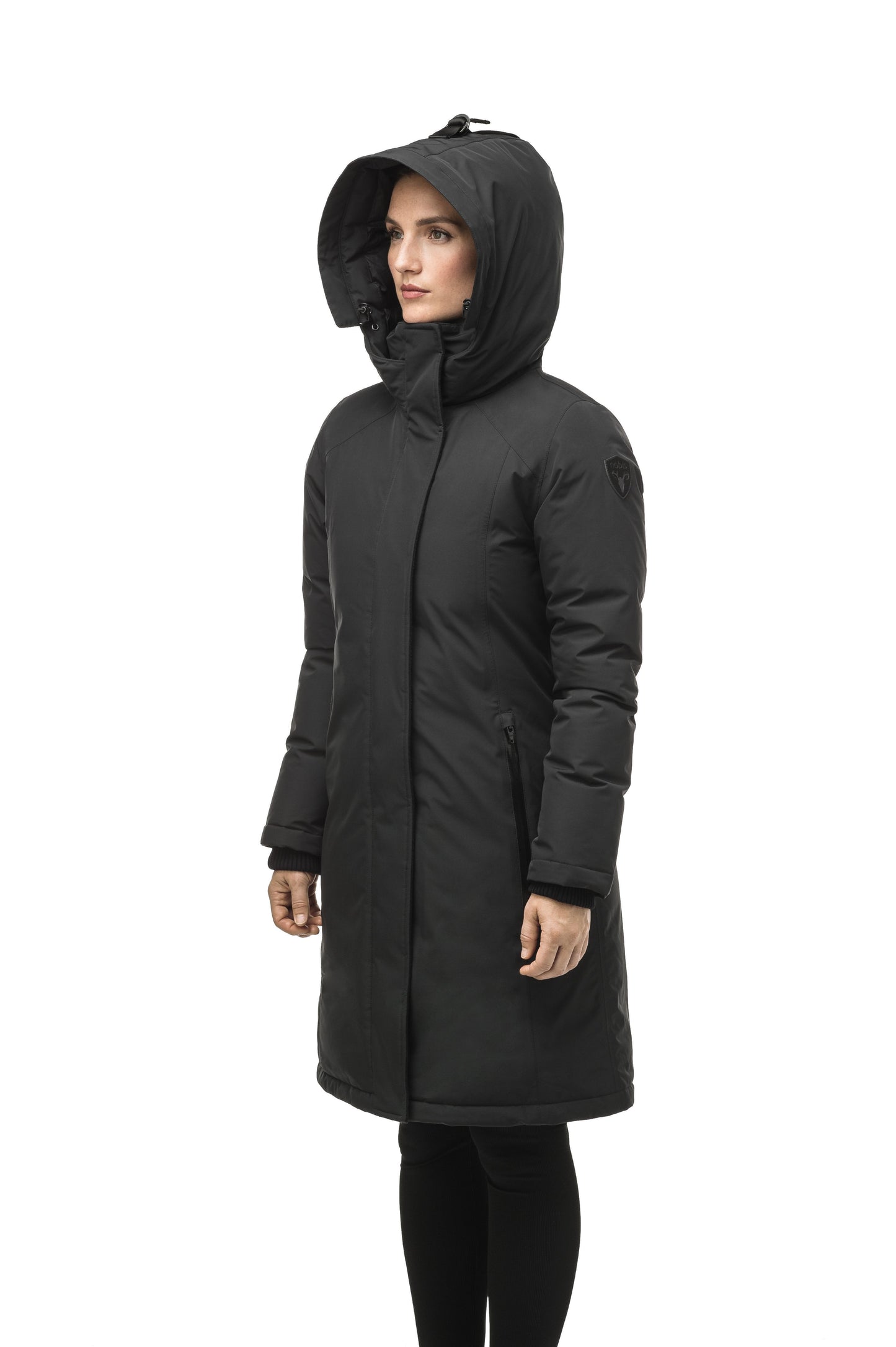 Minimalist down filled women's parka with fur free attached hood in Black