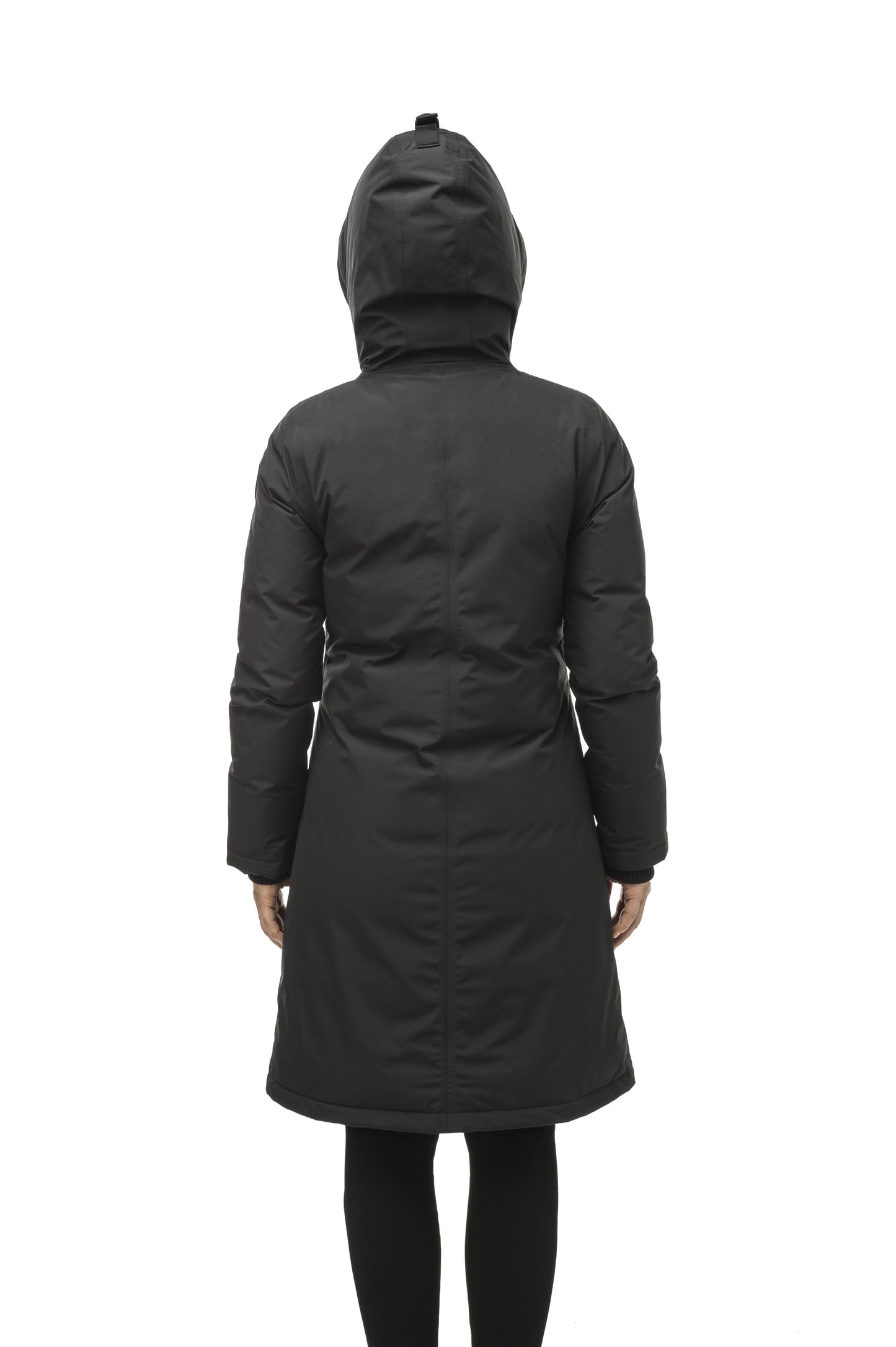 Minimalist down filled women's parka with fur free attached hood in Black