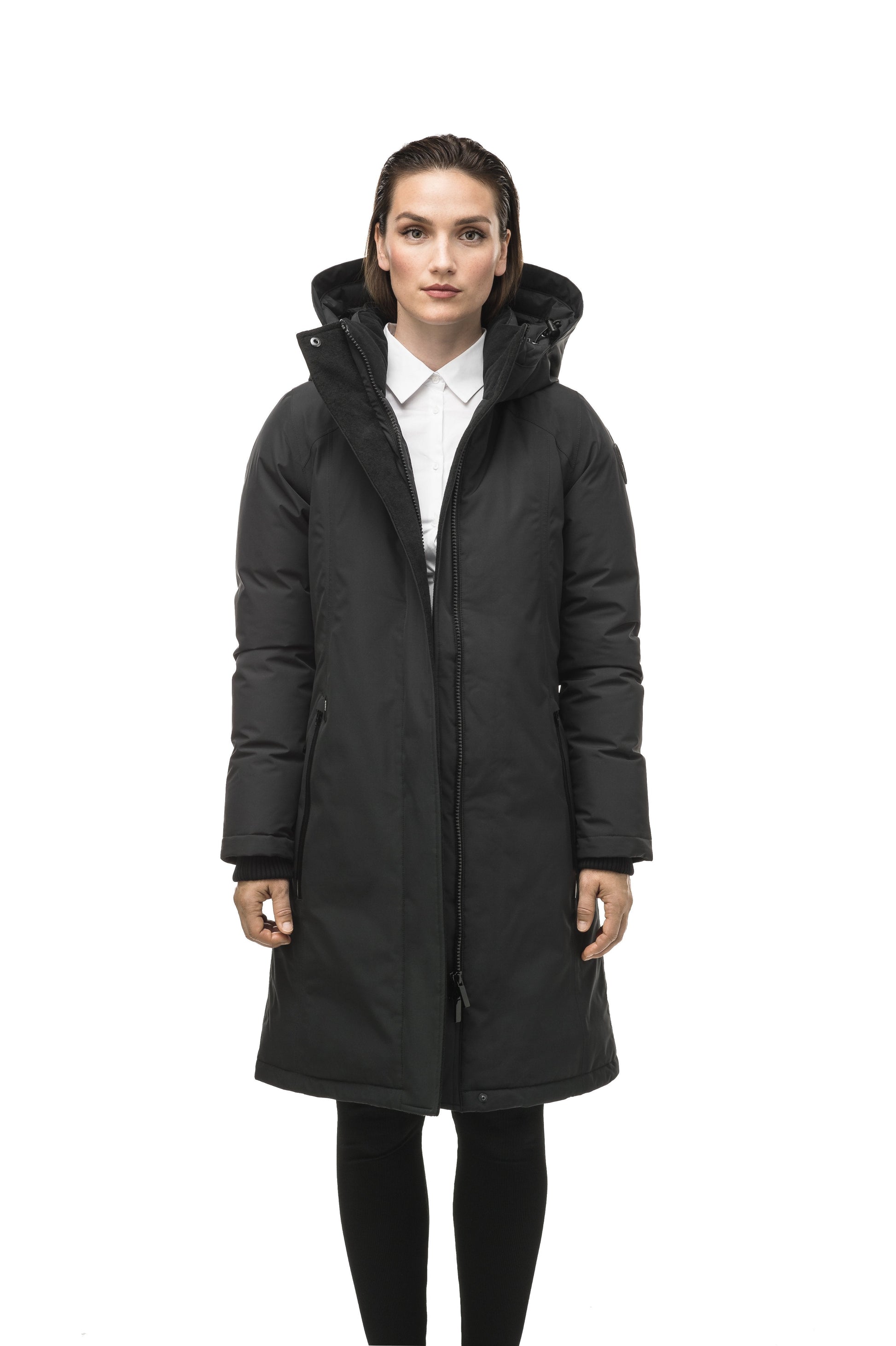 Minimalist down filled women's parka with fur free attached hood in Black