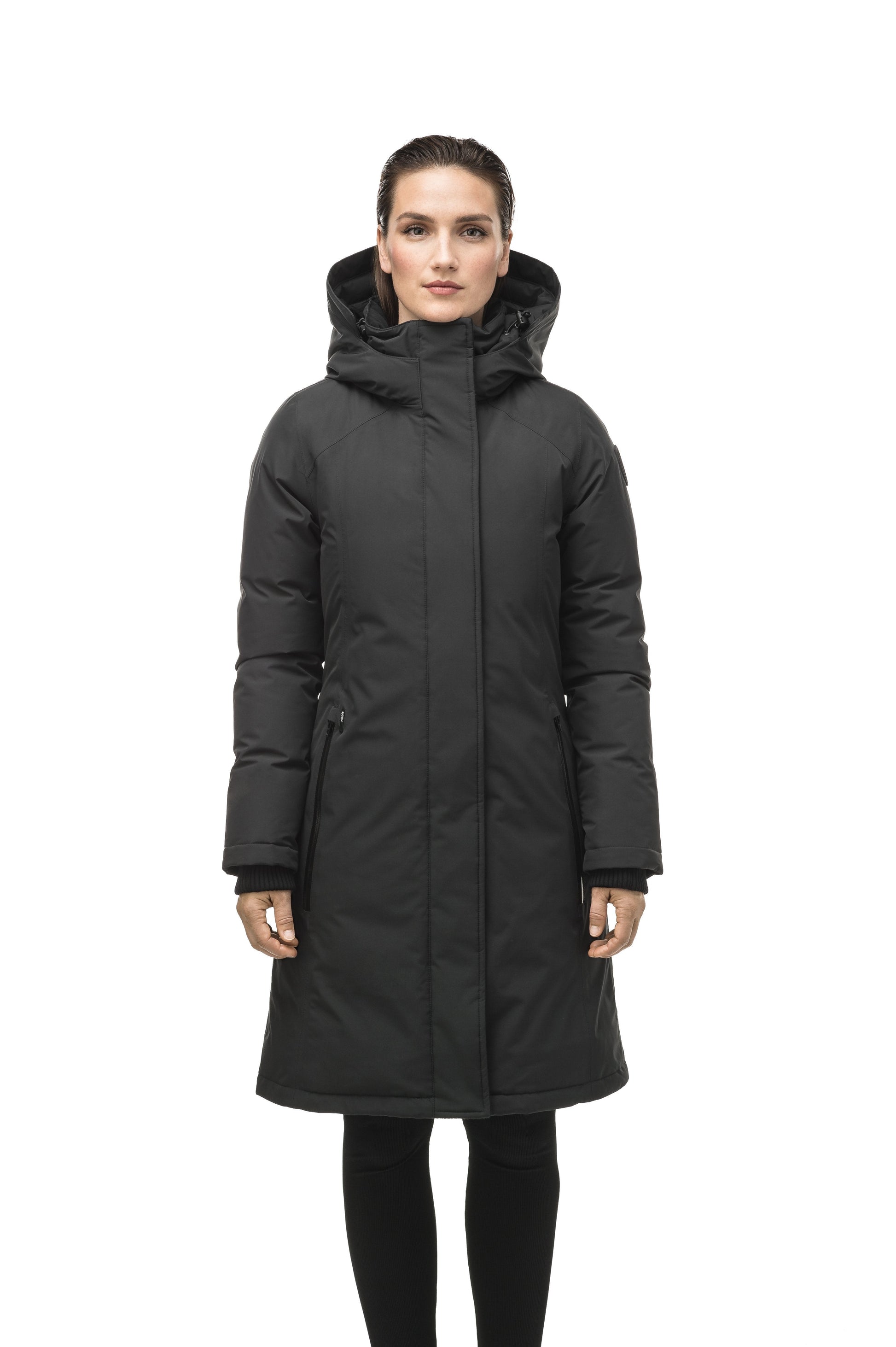 Minimalist down filled women's parka with fur free attached hood in Black