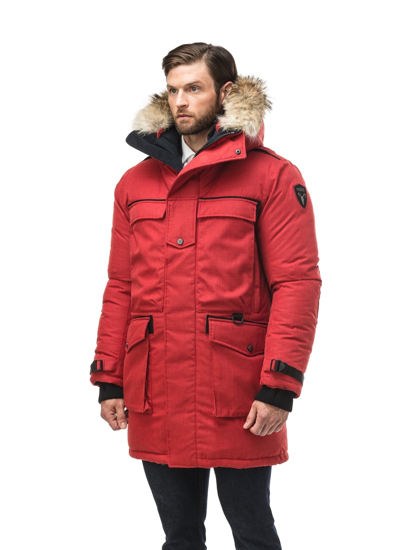 Men's extreme wamrth down filled parka with baffle box construction for even down distribution in H. Red