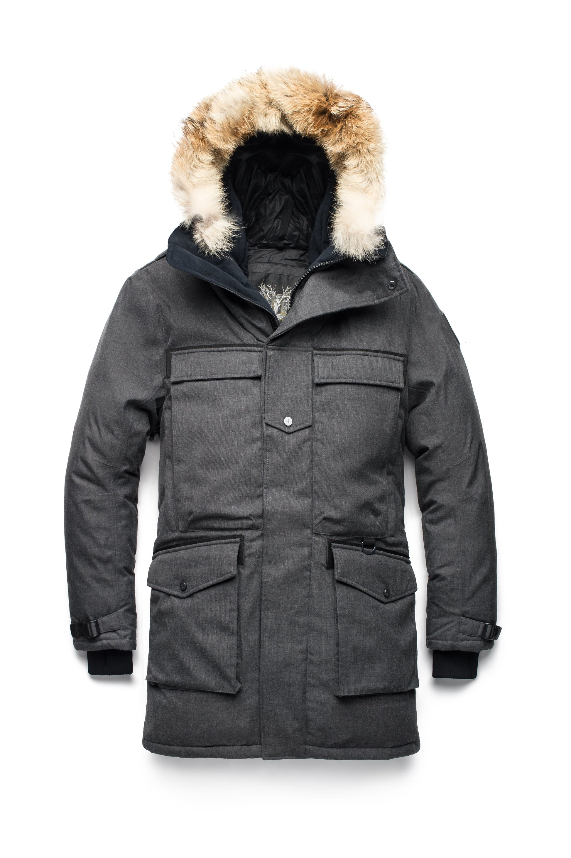 Men's extreme wamrth down filled parka with baffle box construction for even down distribution in H. Charcoal