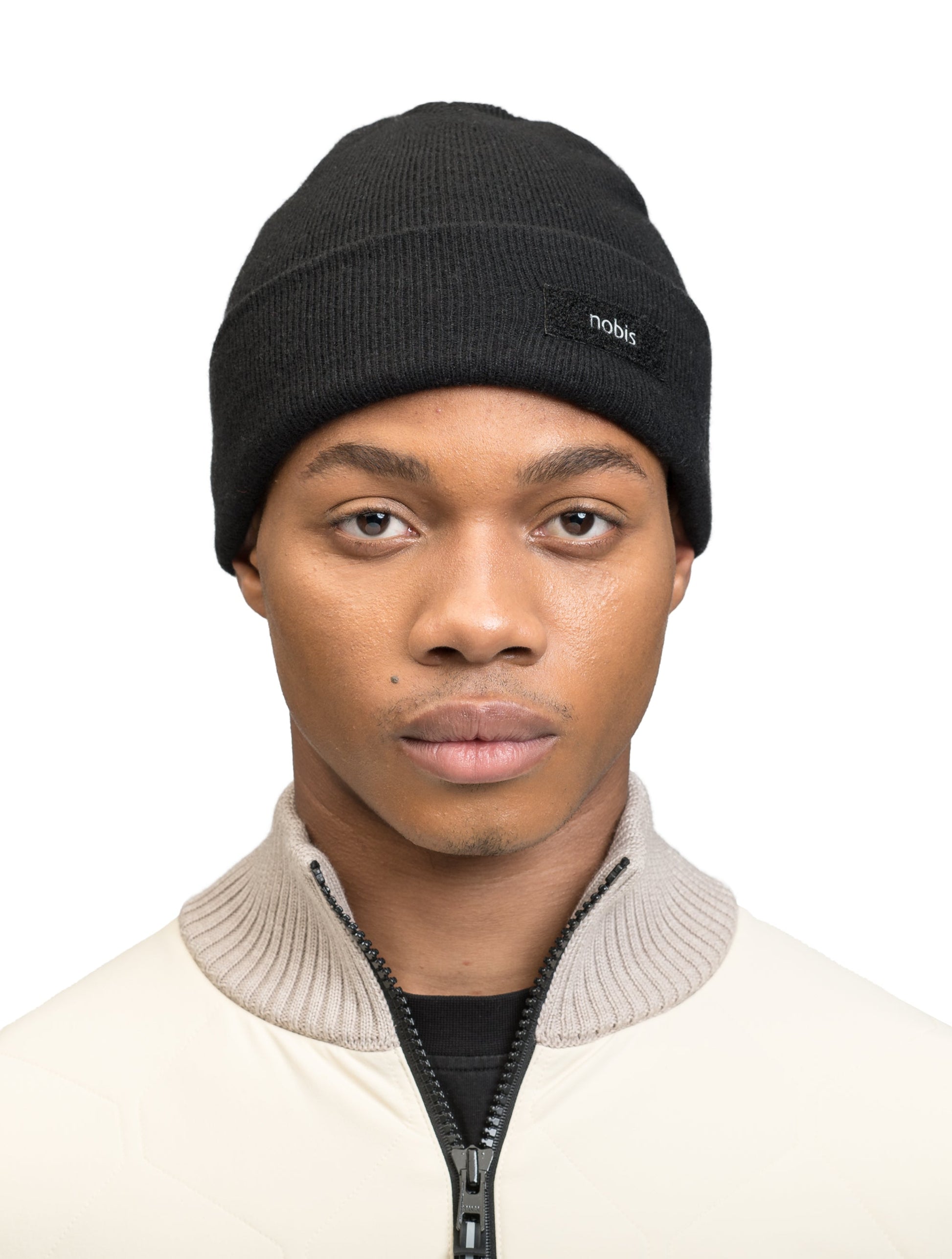 Dalia Unisex Jersey Knit Beanie in extrafine merino wool, and nobis label on cuff, in Black