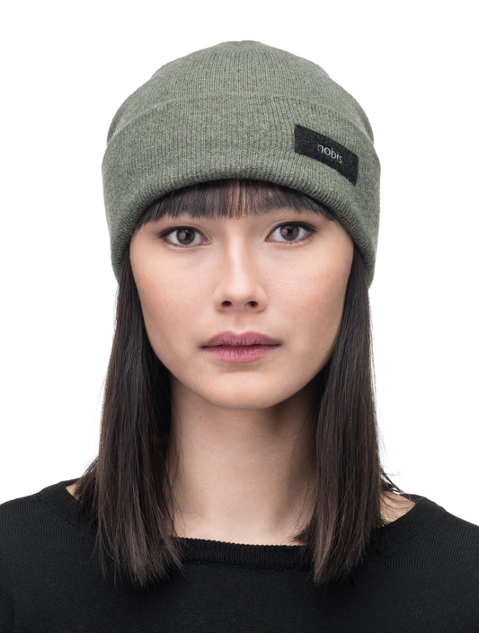 Dalia Unisex Jersey Knit Beanie in extrafine merino wool, and nobis label on cuff, in Evergreen