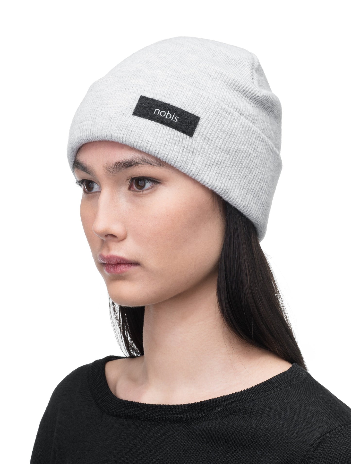 Dalia Unisex Jersey Knit Beanie in extrafine merino wool, and nobis label on cuff, in Gravel