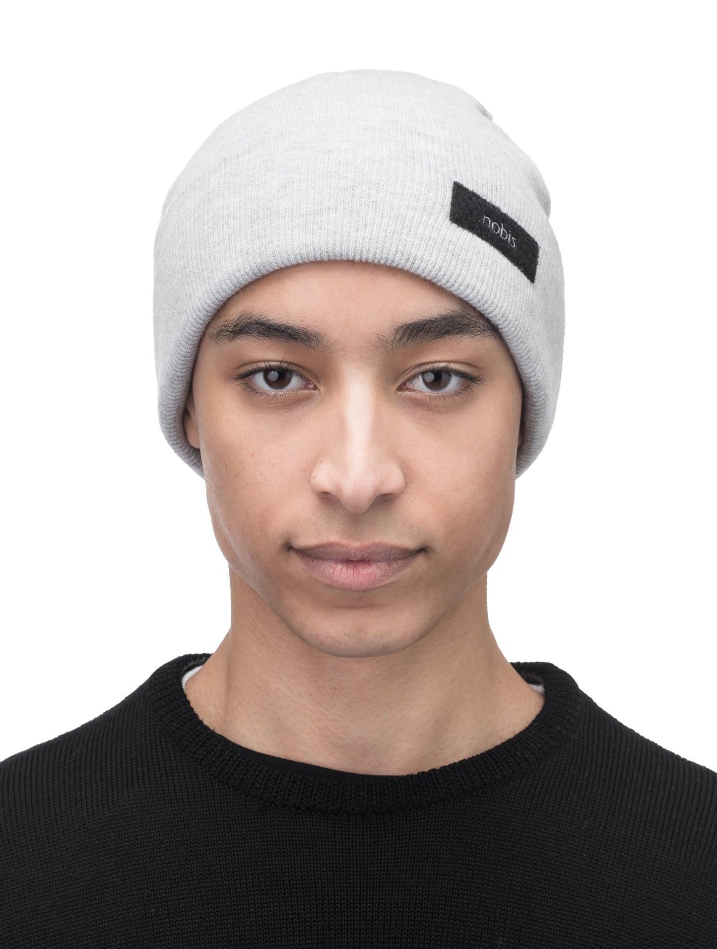 Dalia Unisex Jersey Knit Beanie in extrafine merino wool, and nobis label on cuff, in Gravel