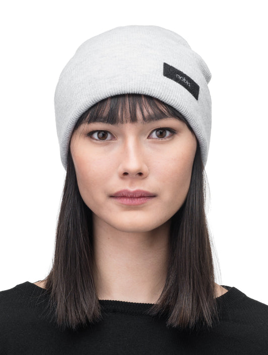 Dalia Unisex Jersey Knit Beanie in extrafine merino wool, and nobis label on cuff, in Gravel + Gravel