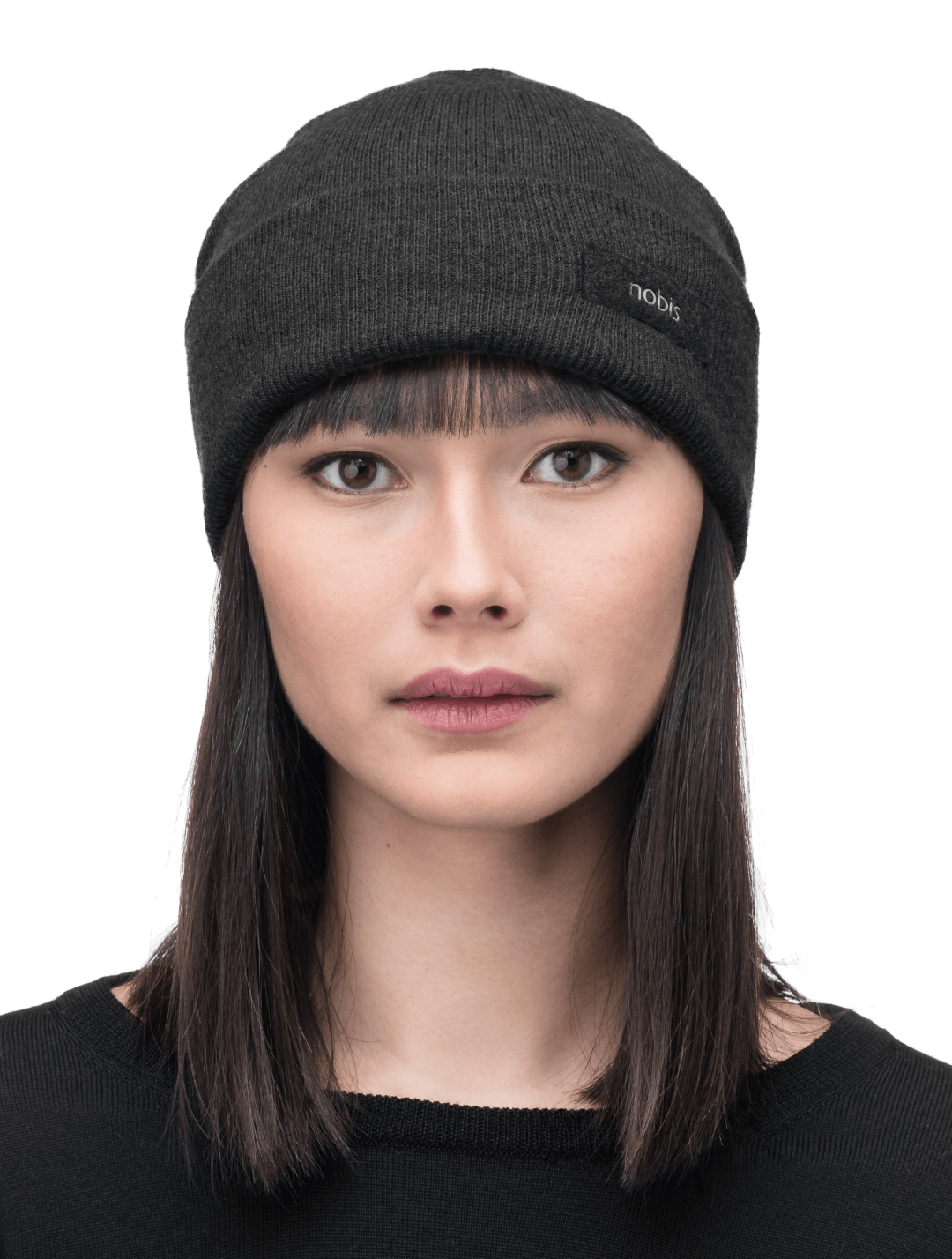 Dalia Unisex Jersey Knit Beanie in extrafine merino wool, and nobis label on cuff, in Black