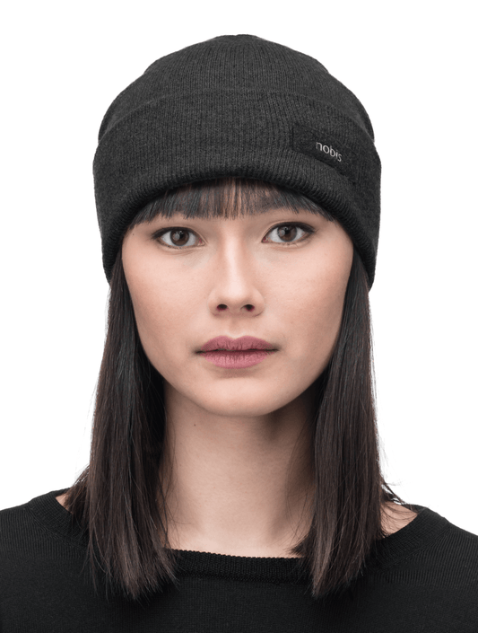 Dalia Unisex Jersey Knit Beanie in extrafine merino wool, and nobis label on cuff, in Black + Black