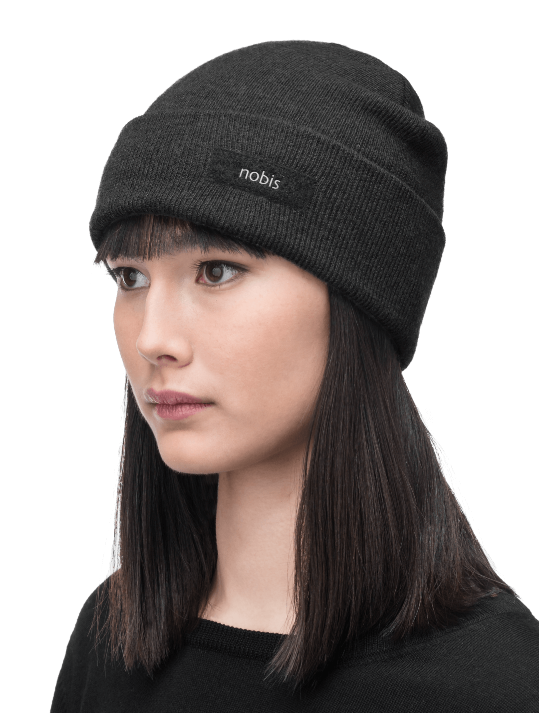 Dalia Unisex Jersey Knit Beanie in extrafine merino wool, and nobis label on cuff, in Black