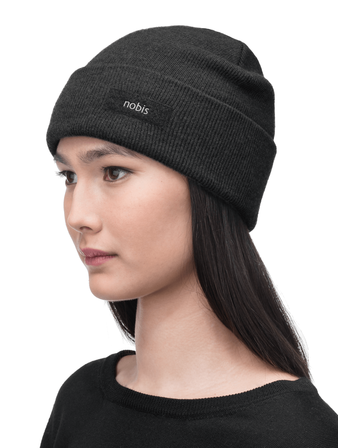 Dalia Unisex Jersey Knit Beanie in extrafine merino wool, and nobis label on cuff, in Black