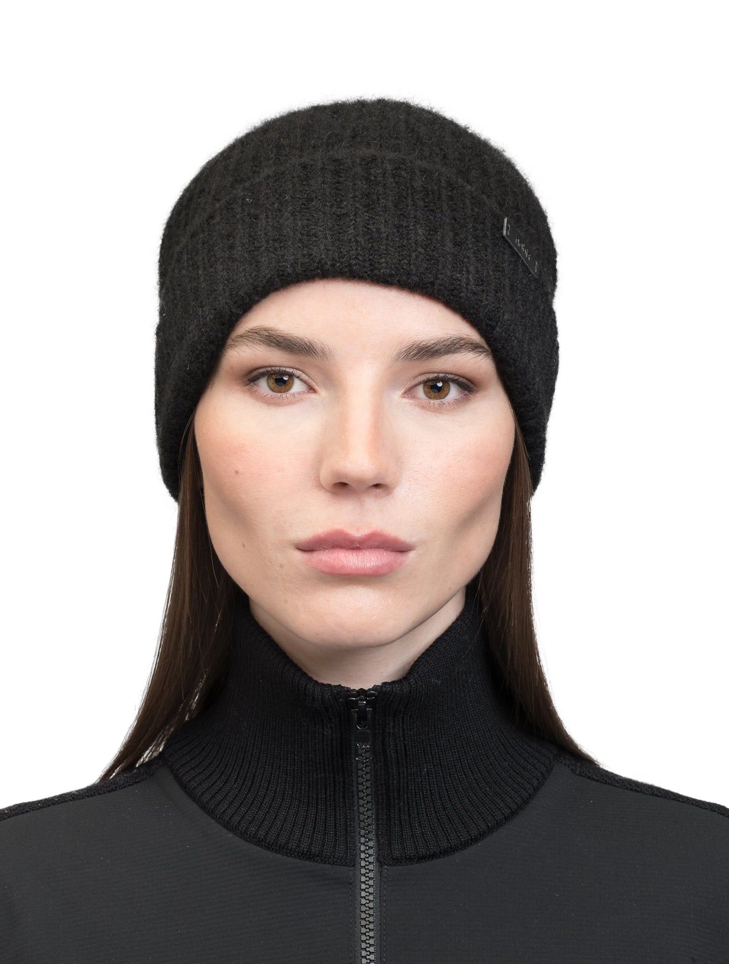 Dain Unisex Knit Watch Cap in superfine alpaca and merino wool, contrast colour knit along cuff, and Nobis embossed leather label at the cuff, in Black