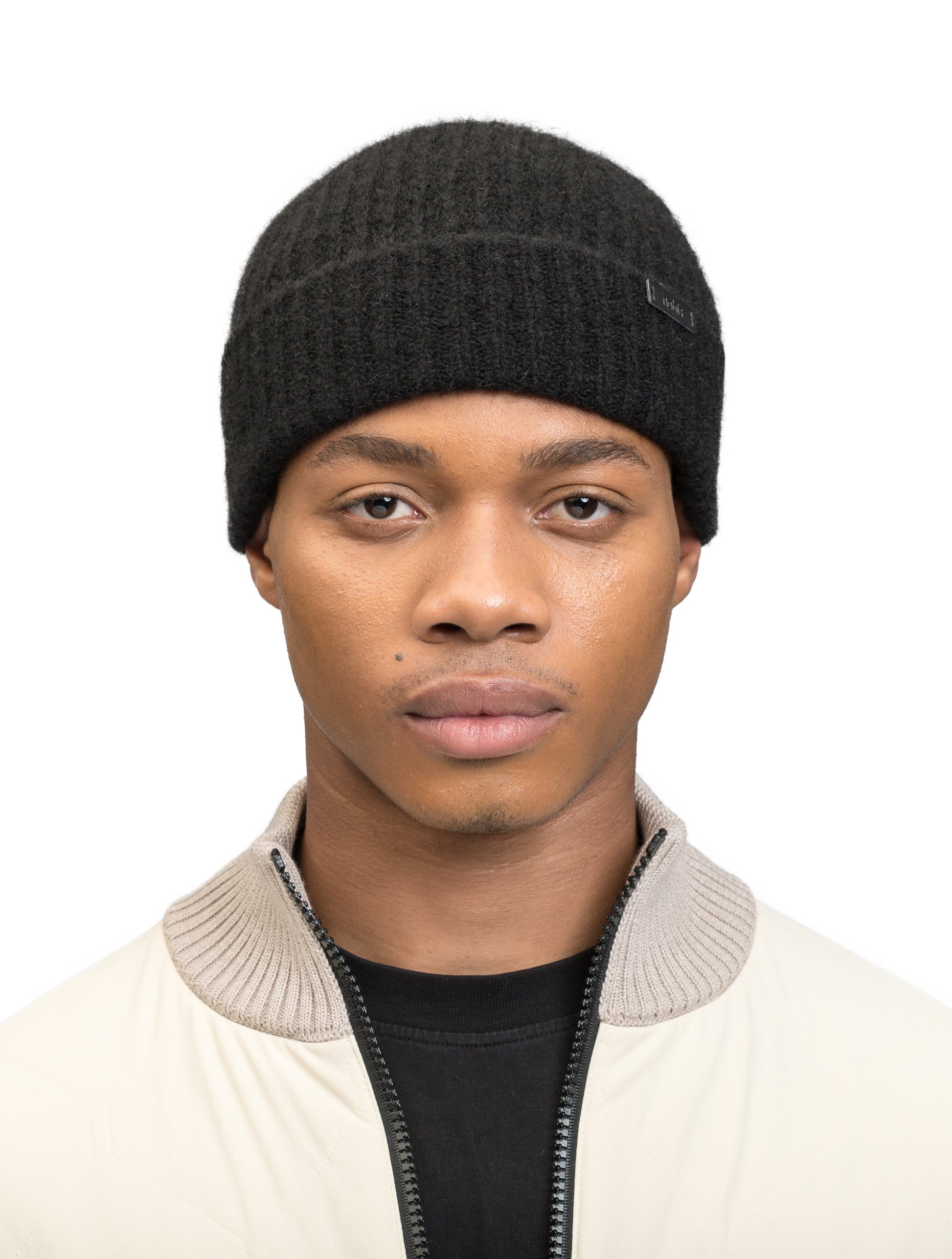 Dain Unisex Knit Watch Cap in superfine alpaca and merino wool, contrast colour knit along cuff, and Nobis embossed leather label at the cuff, in Black