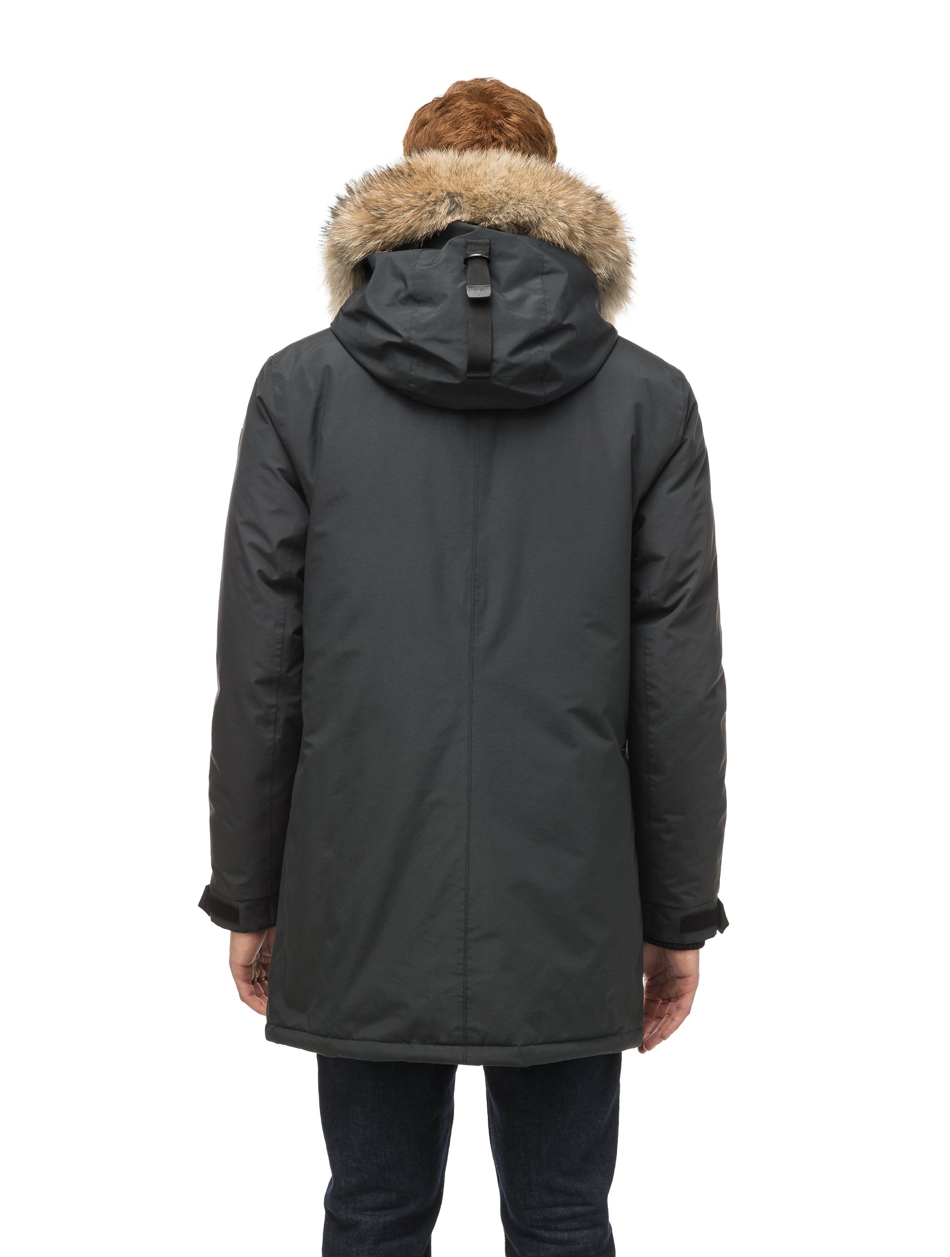 Lightweight men's parka with duck down fill and removable fur trim around the hood in Black